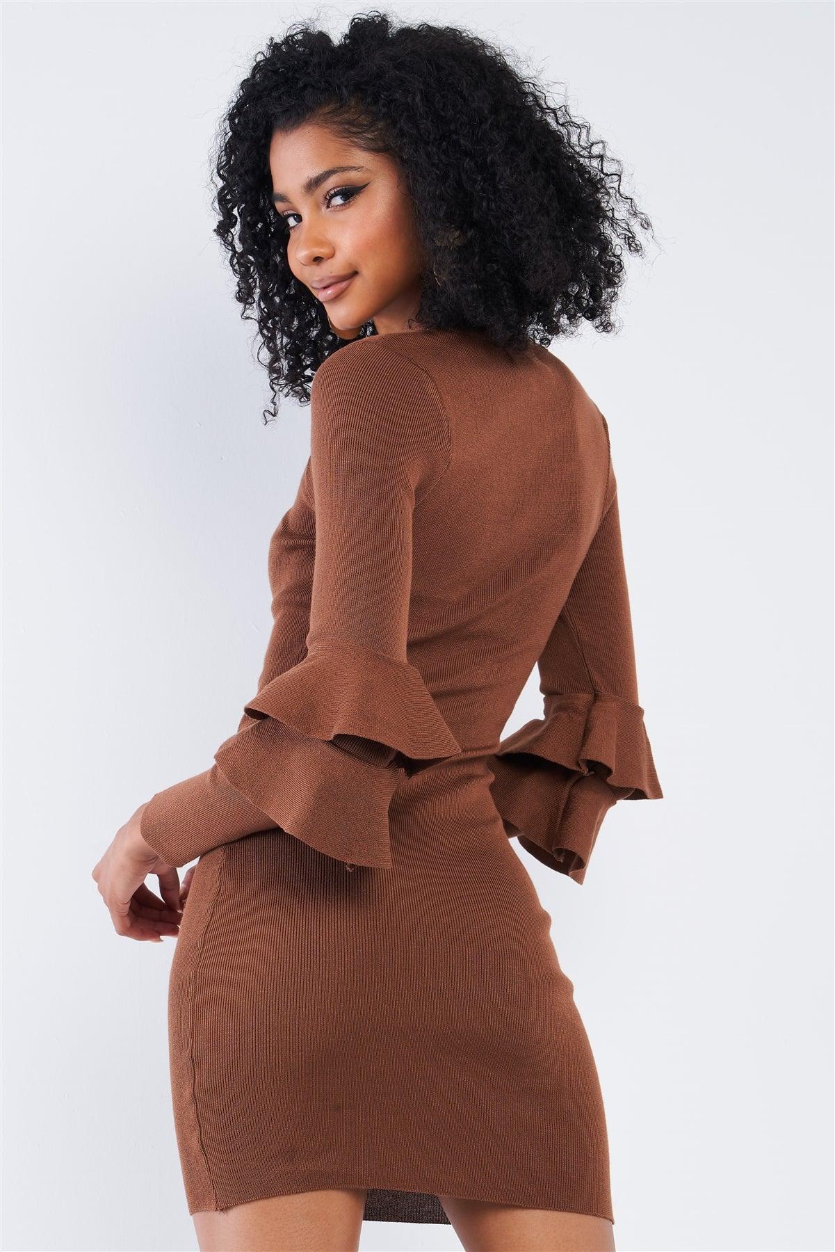 Light Coffee Brown Body-Con Tight Fit Round Neck Double Frill Sleeve Mini Dress