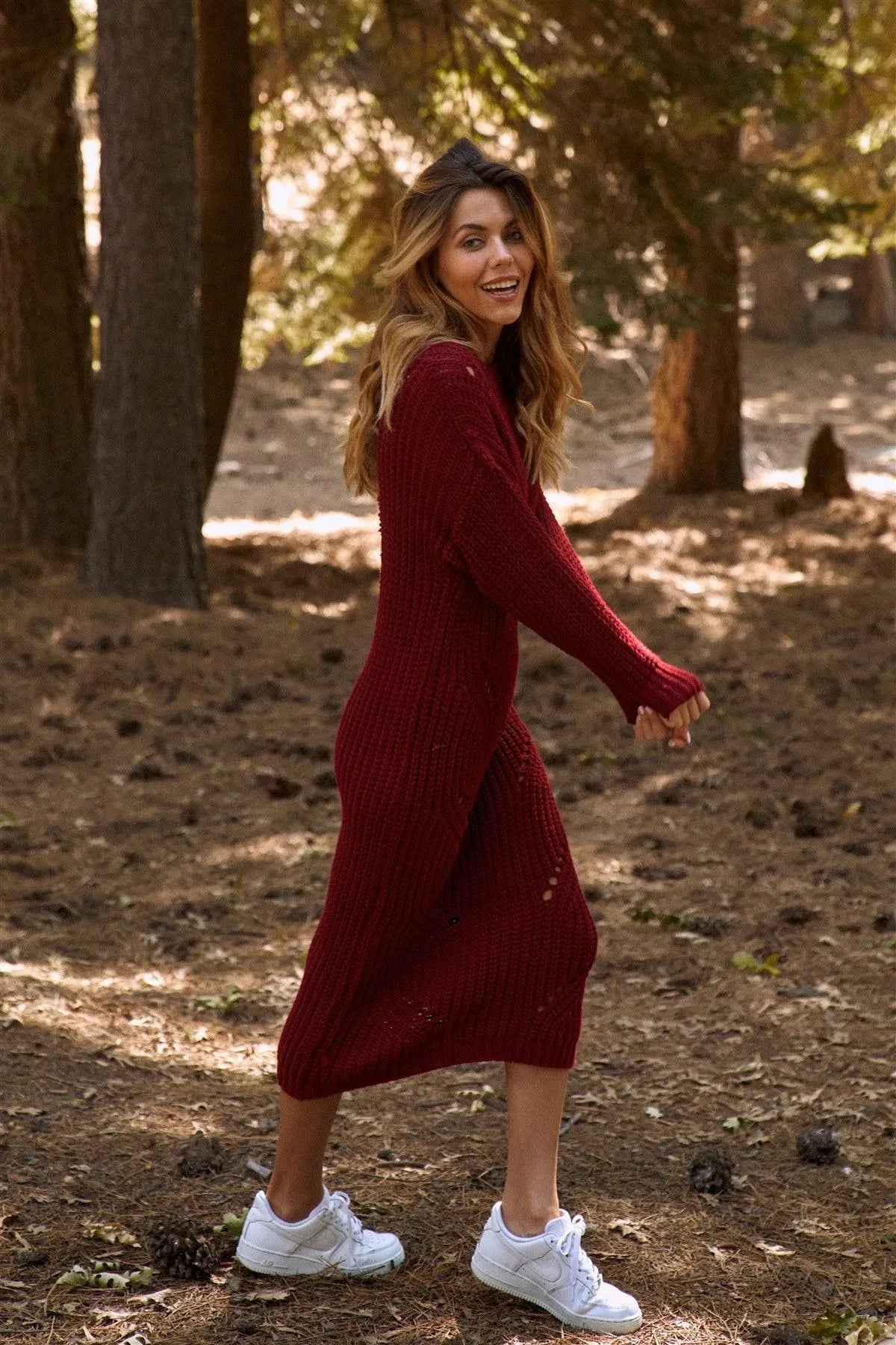 Wholesale Burgundy Chunky Knit Long Sleeve Sweater Dress / 3-3