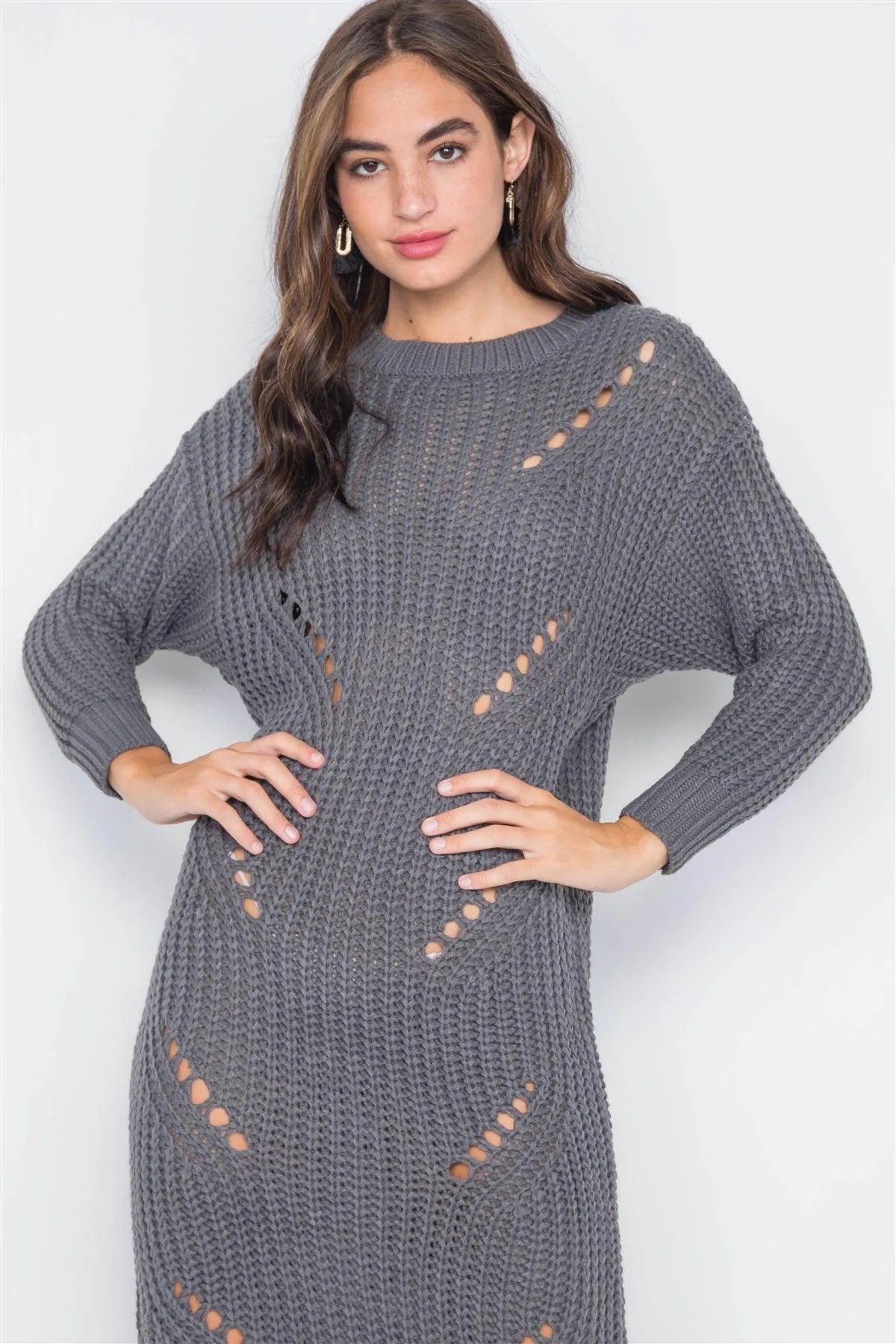 chunky knit sweater dress Grey Chunky Knit Long Sleeve Sweater Dress / 4-3