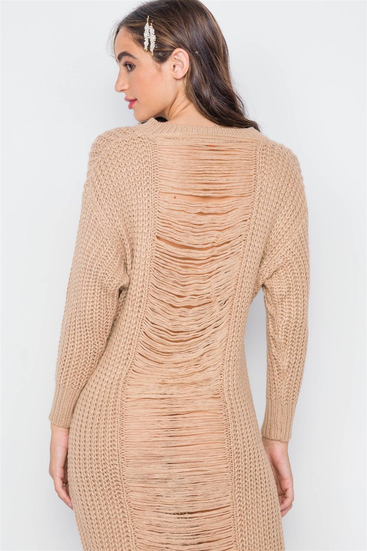 Khaki Chunky Knit Long Sleeve Sweater Dress