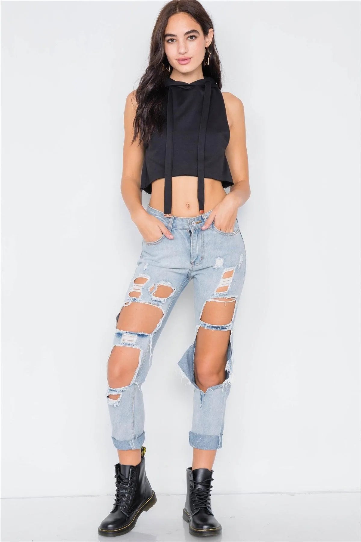 Black Athletic Chic Hoodie Vintage Cotton Crop Top /3-2-1 - Tasha Apparel Wholesale