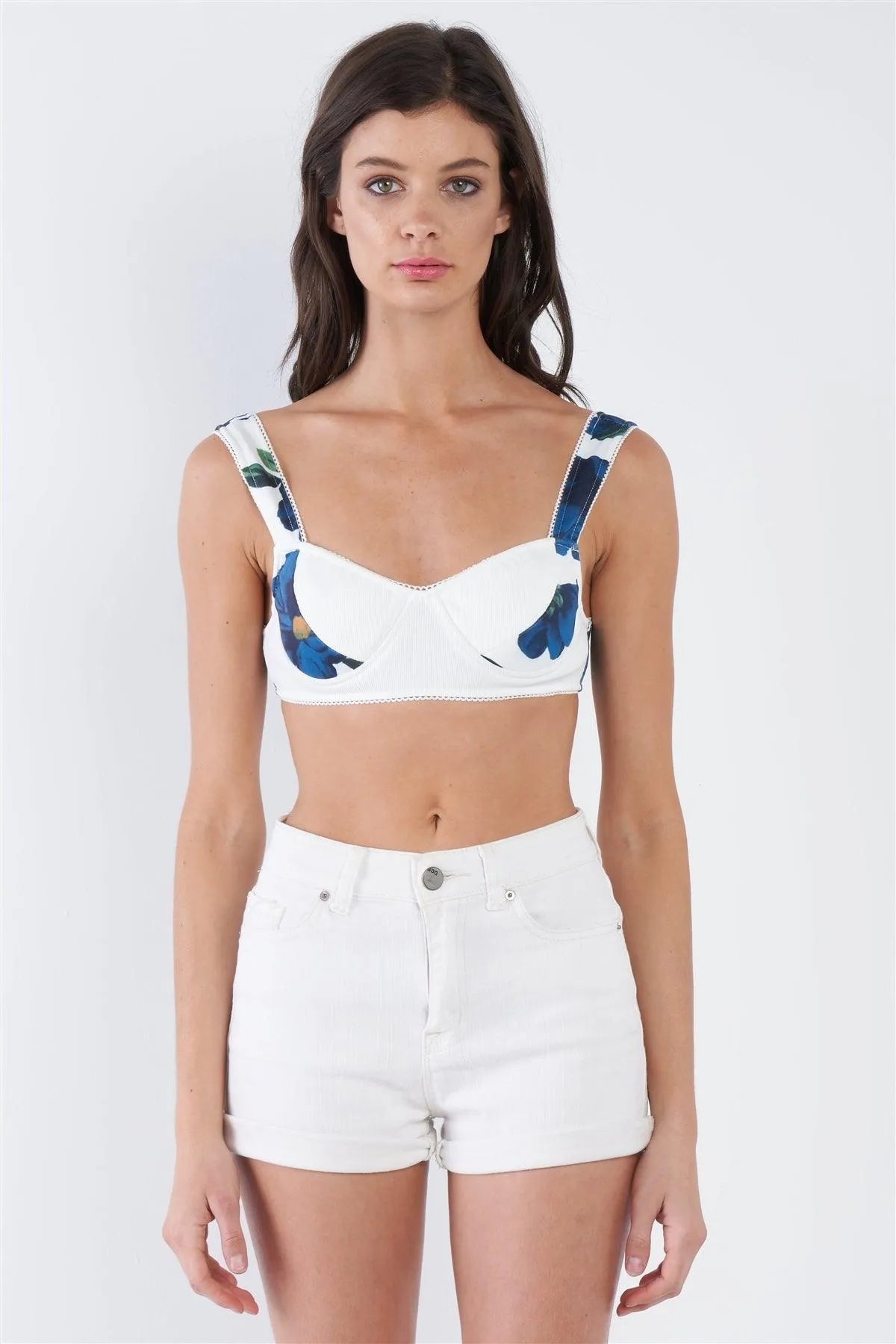 Teal Blue Classic Floral Full Support Bra /1-2-1 - Tasha Apparel Wholesale