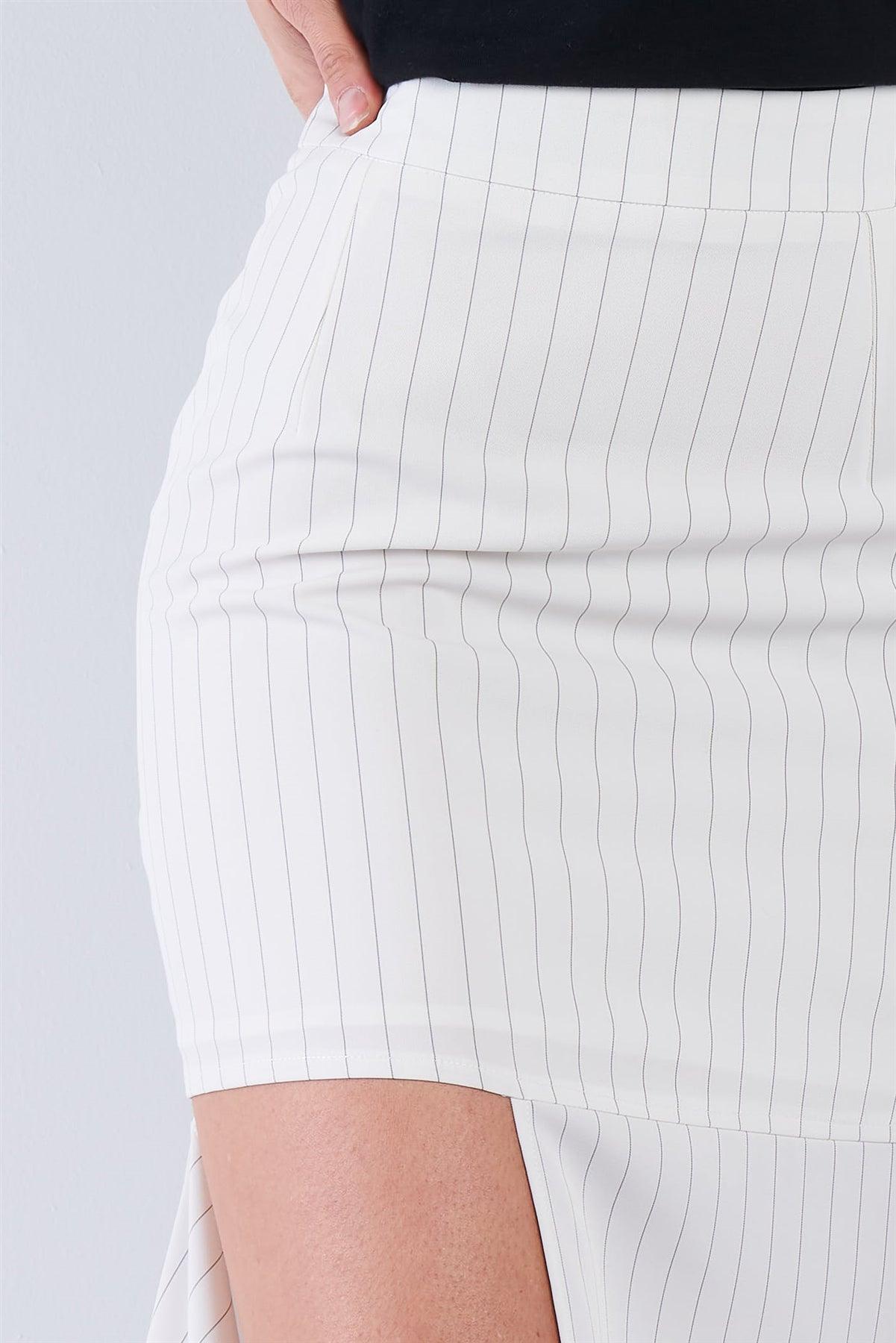 Off-White Pinstripe Cut Out Asymmetrical Hem Bodycon Midi Skirt
