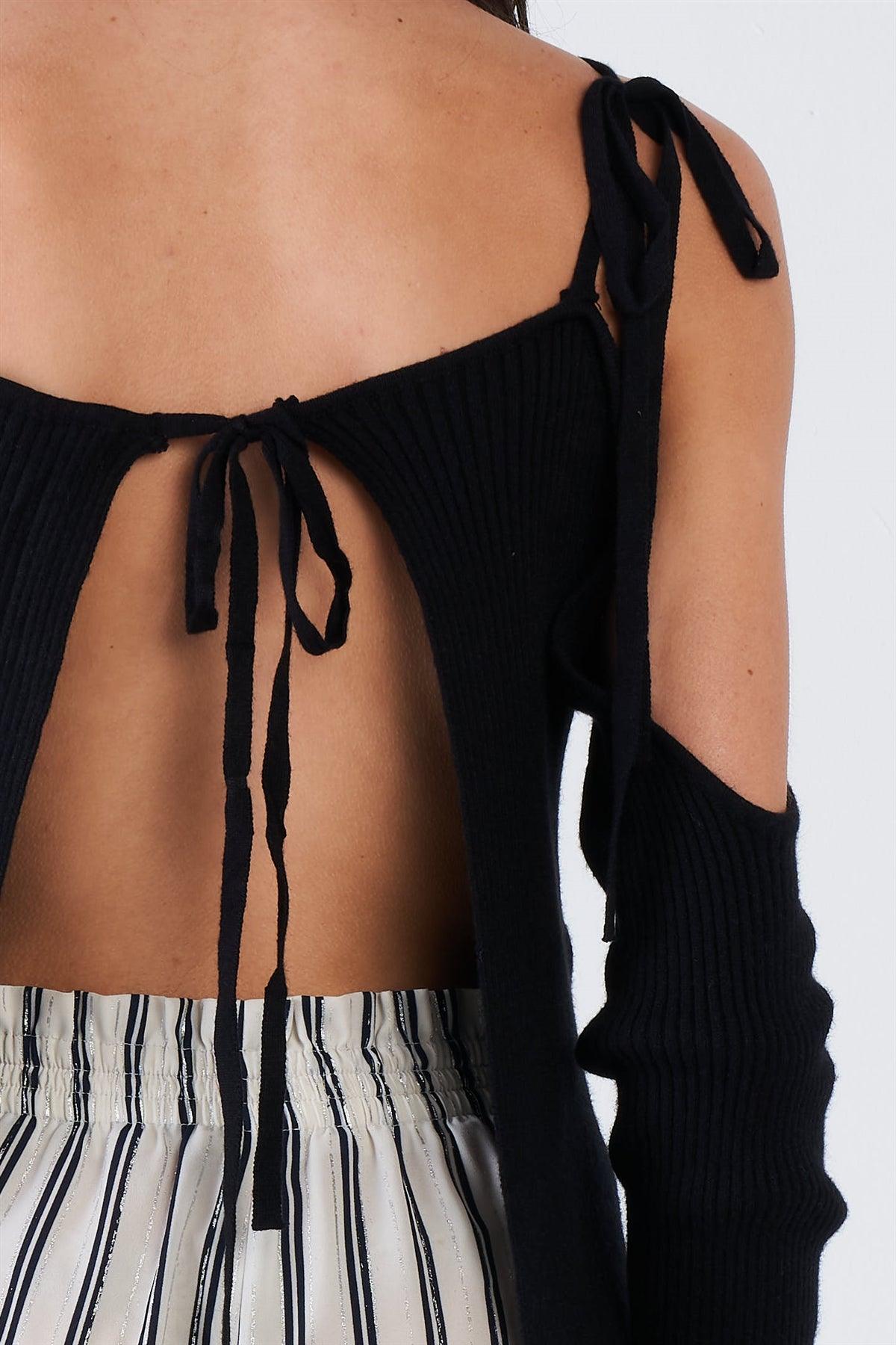 Black Ribbed Off The Shoulder Open Back Causal Top