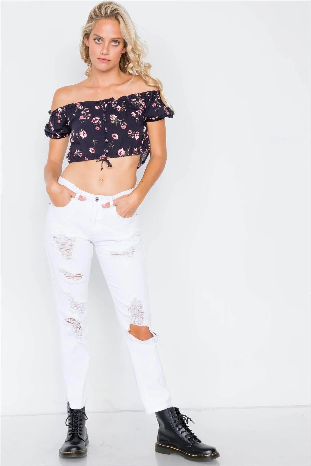 Black Boho Floral Off-The-Shoulder Flounce Trim Crop Top /3-2-1 - Tasha Apparel Wholesale