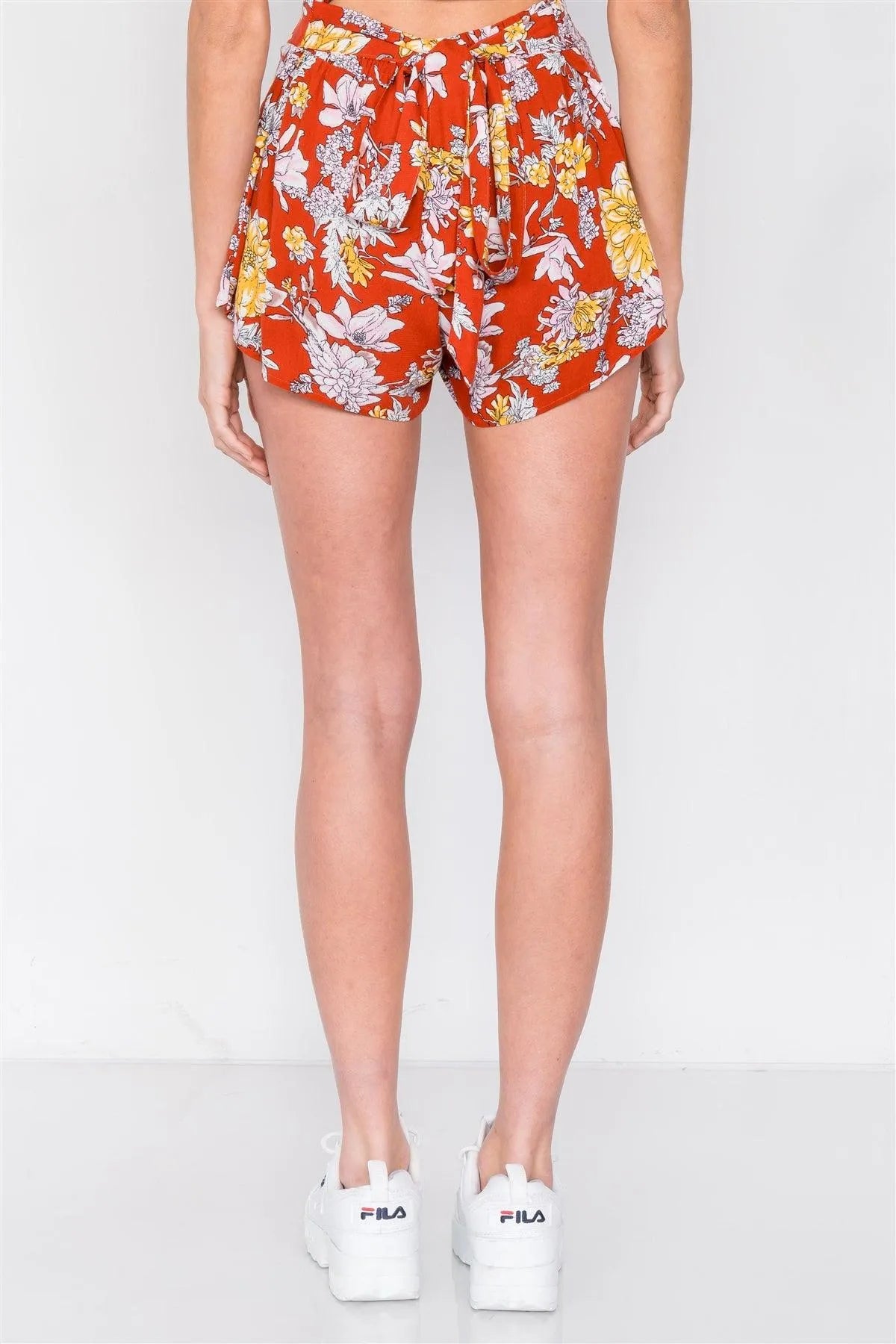 Rust Sketch Floral Print Off-The-Shoulder Ruched Crop and Mock Wrap Mini Short Set /3-2-1 - Tasha Apparel Wholesale