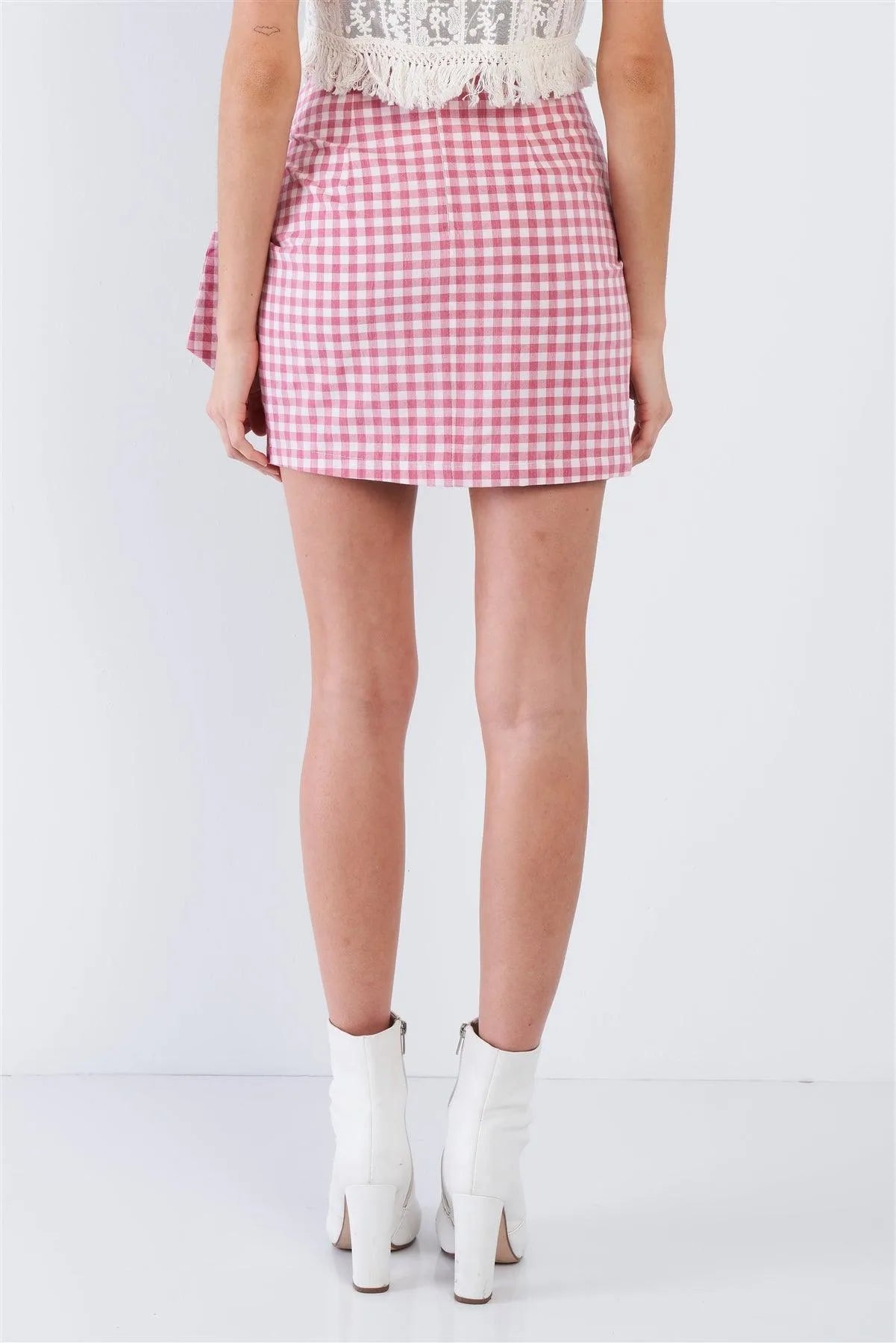 Red Checkered Mock Wrap Vintage Chic Mini Skirt /3-2-1 - Tasha Apparel Wholesale