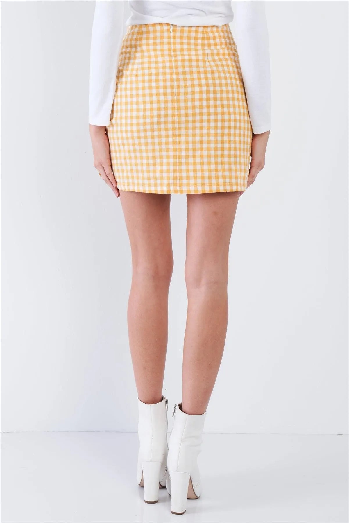 Yellow Checkered Mock Wrap Vintage Chic Mini Skirt /3-2-1 - Tasha Apparel Wholesale