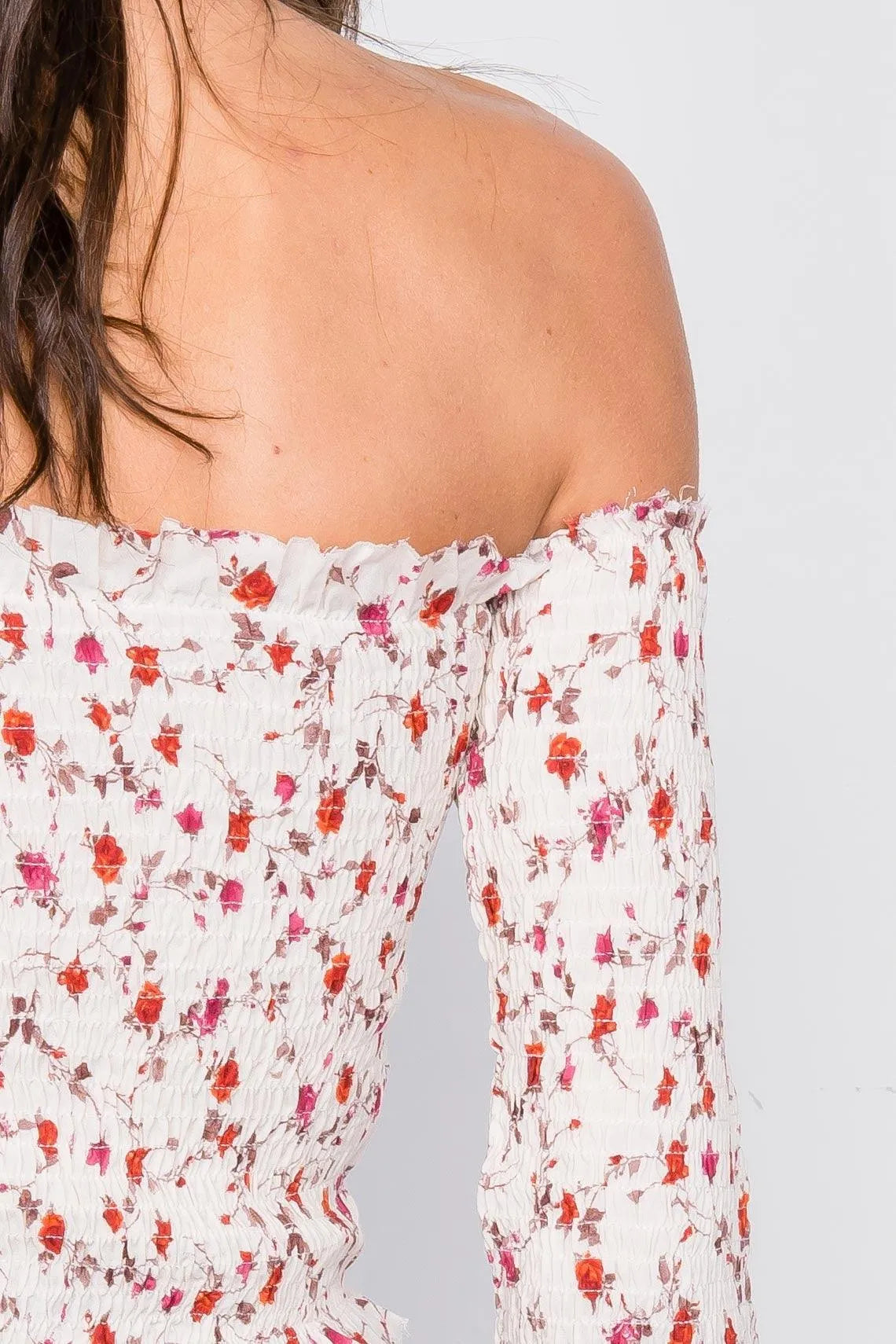 Minimalist Floral Print Ruched Off-The-Shoulder Boho Crop Top /3-2-1 - Tasha Apparel Wholesale