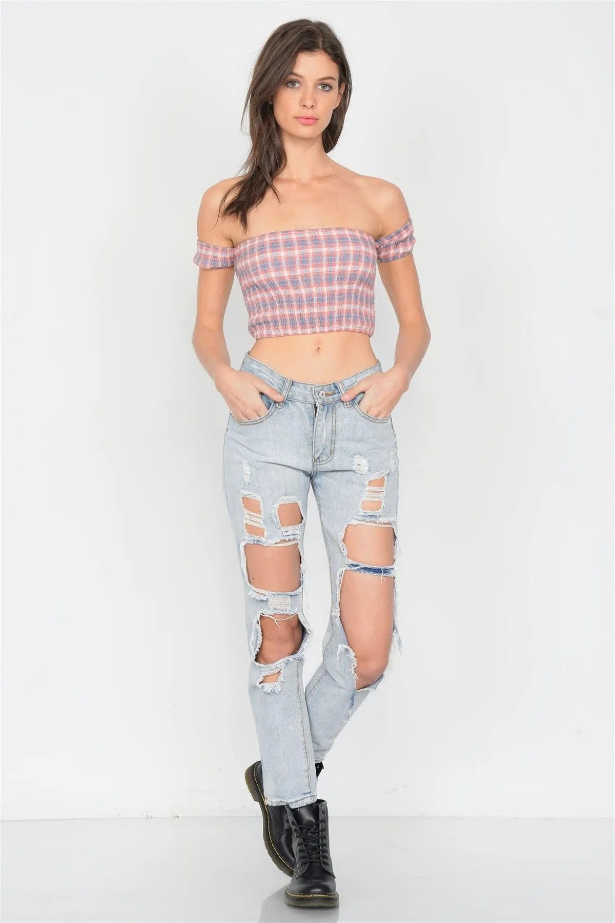 Coral Checkered Cotton Chic Off-The-Shoulder Crop Top /2-1-1 - Tasha Apparel Wholesale