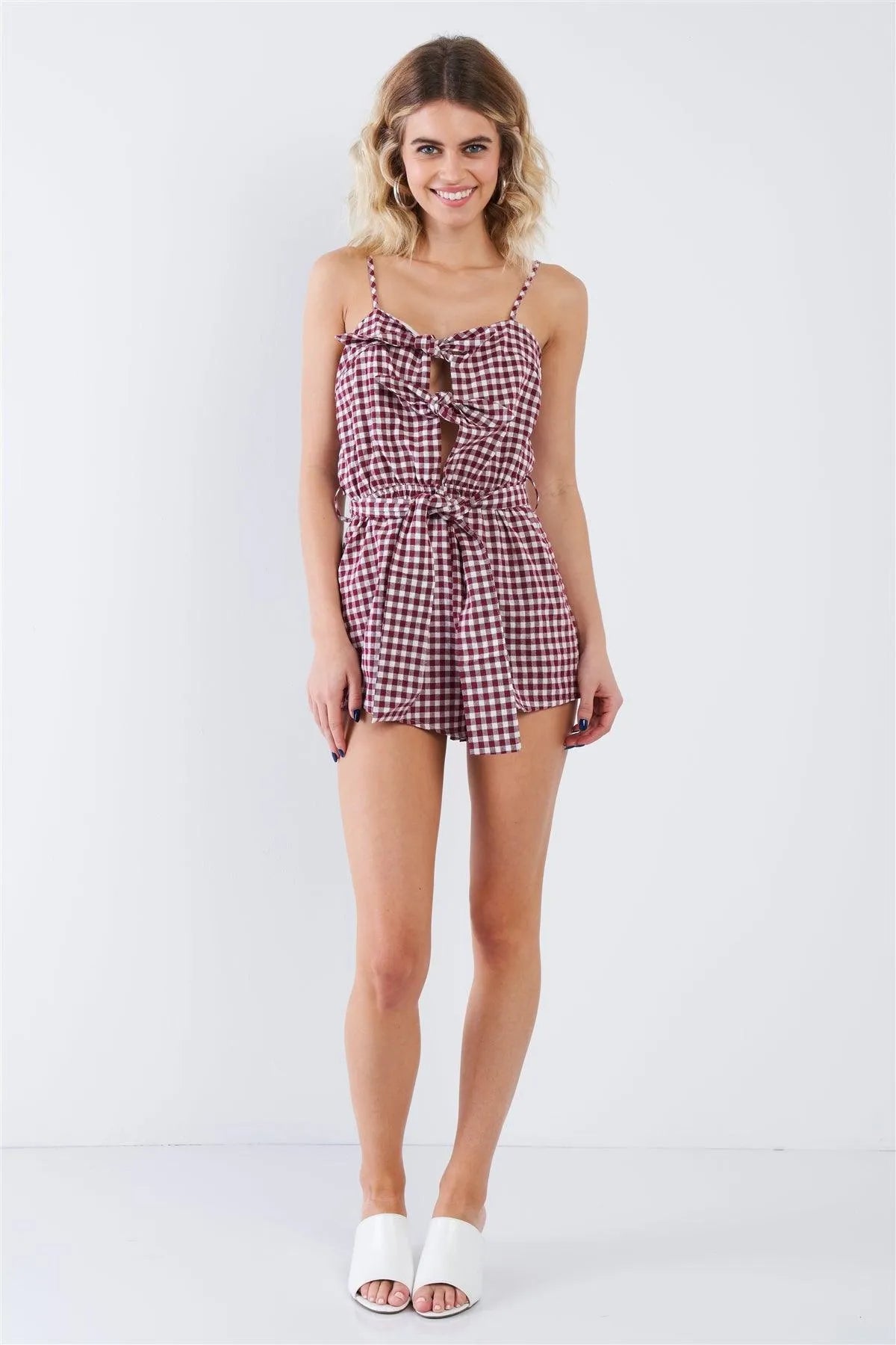Wine Checkered Layered Bow Cut Out Short Romper /2-1-1 - Tasha Apparel Wholesale