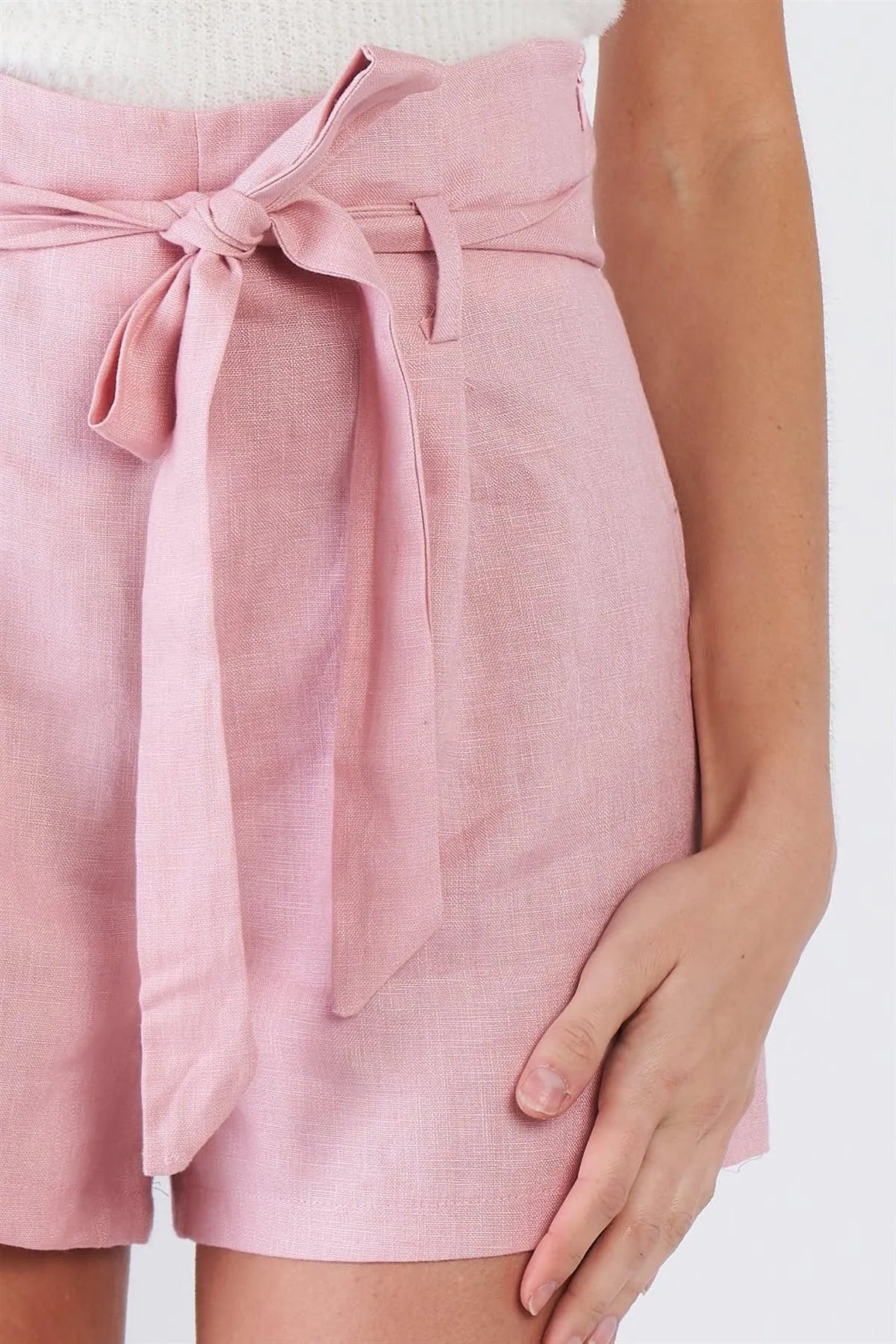 Rose Pink Pleated High Waist Self Tie Sash Mini Chic Shorts - Tasha Apparel Wholesale