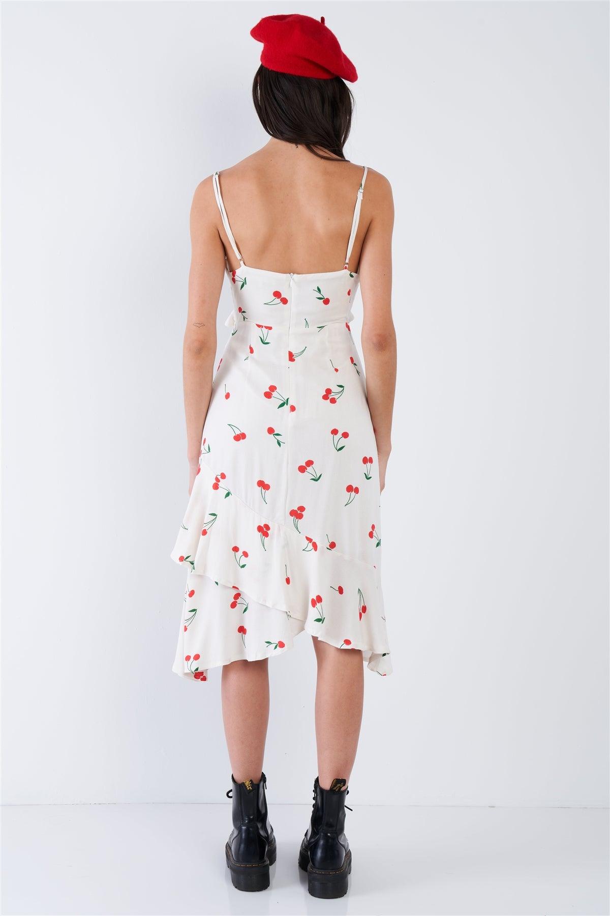 Cherry Print Front Cut Out Self-Tie Midi Dress