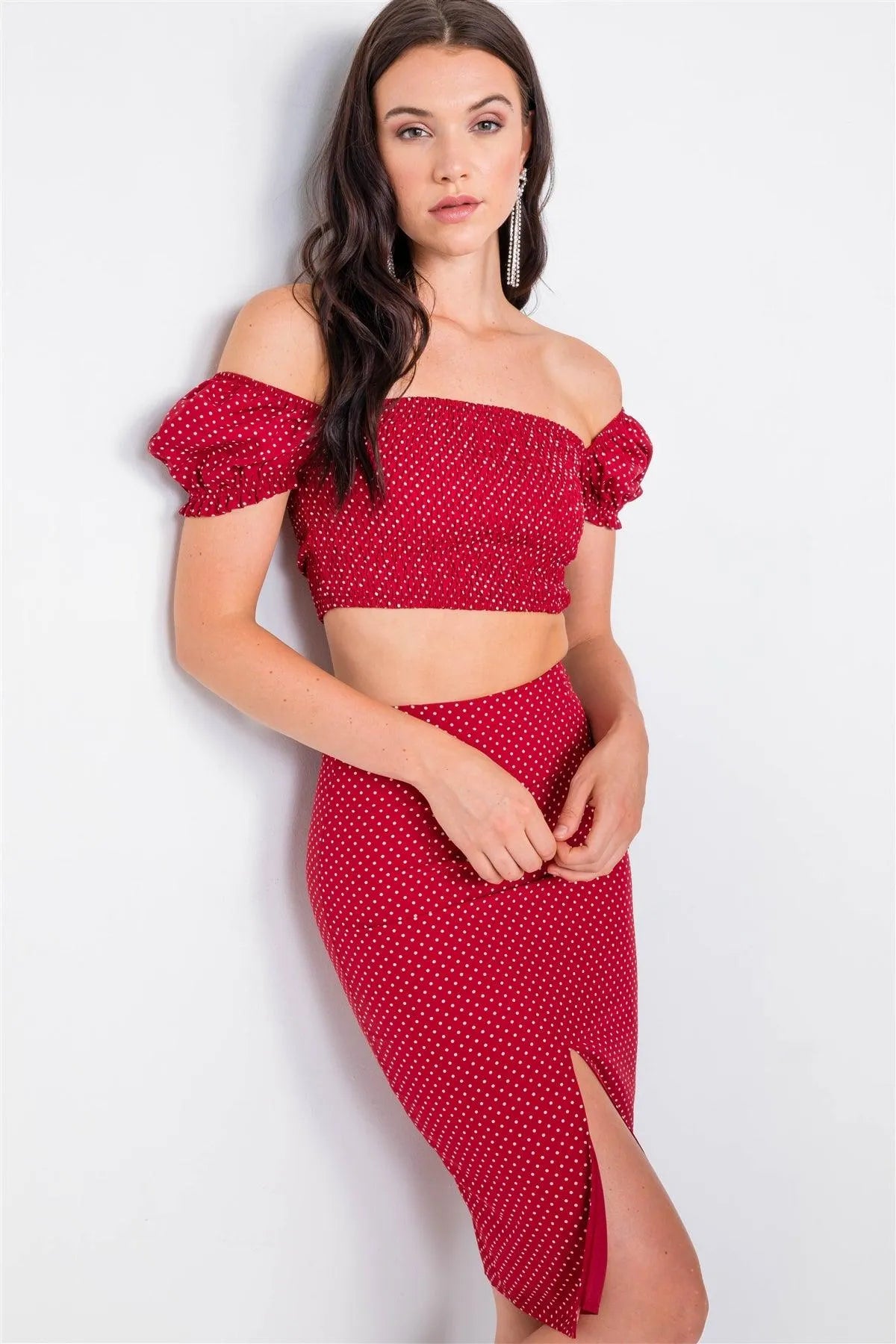 Red Polka Dot Printed Ruched Crop Top & Midi Skirt Set - Tasha Apparel Wholesale