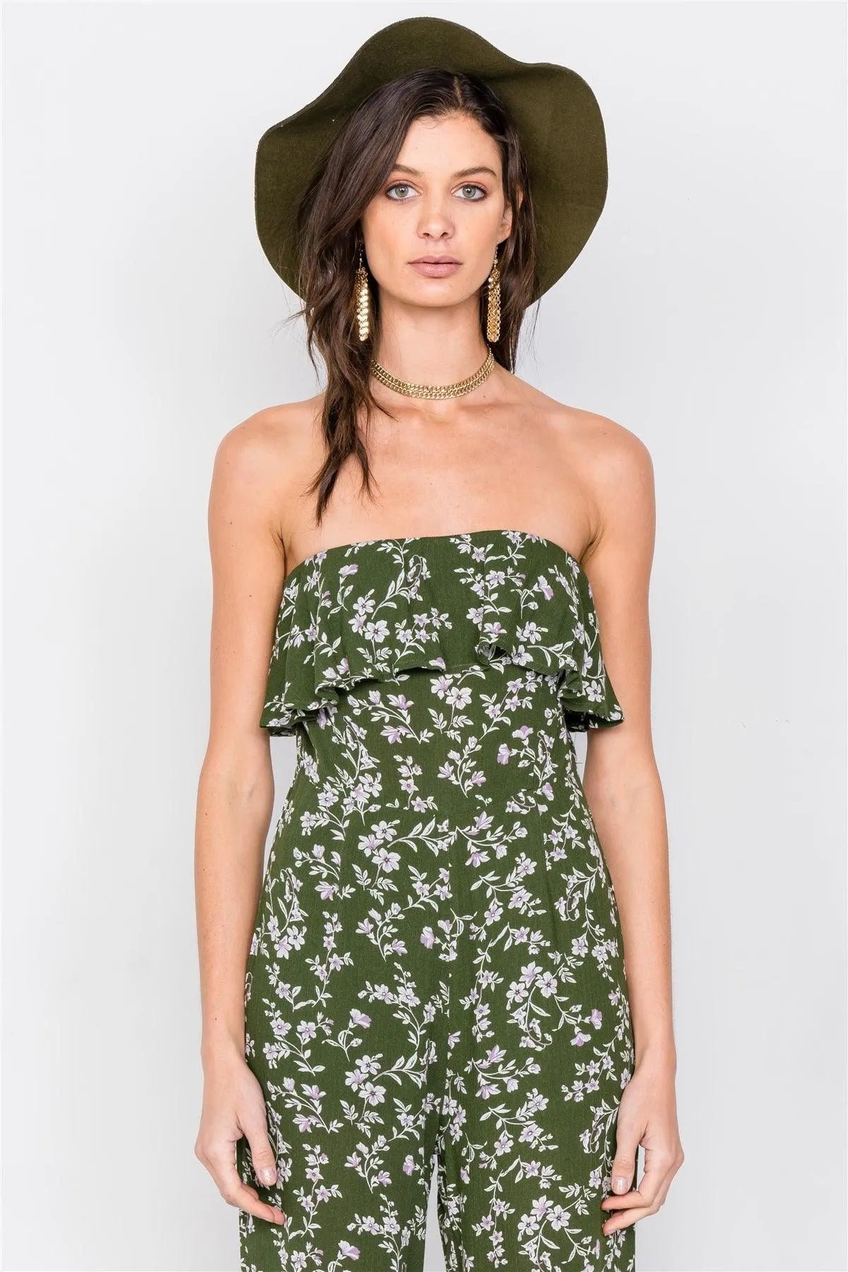 Moss Boho Floral Print Tube Top Flounce Trim Wide Leg Jumpsuit /3-2-1 - Tasha Apparel Wholesale