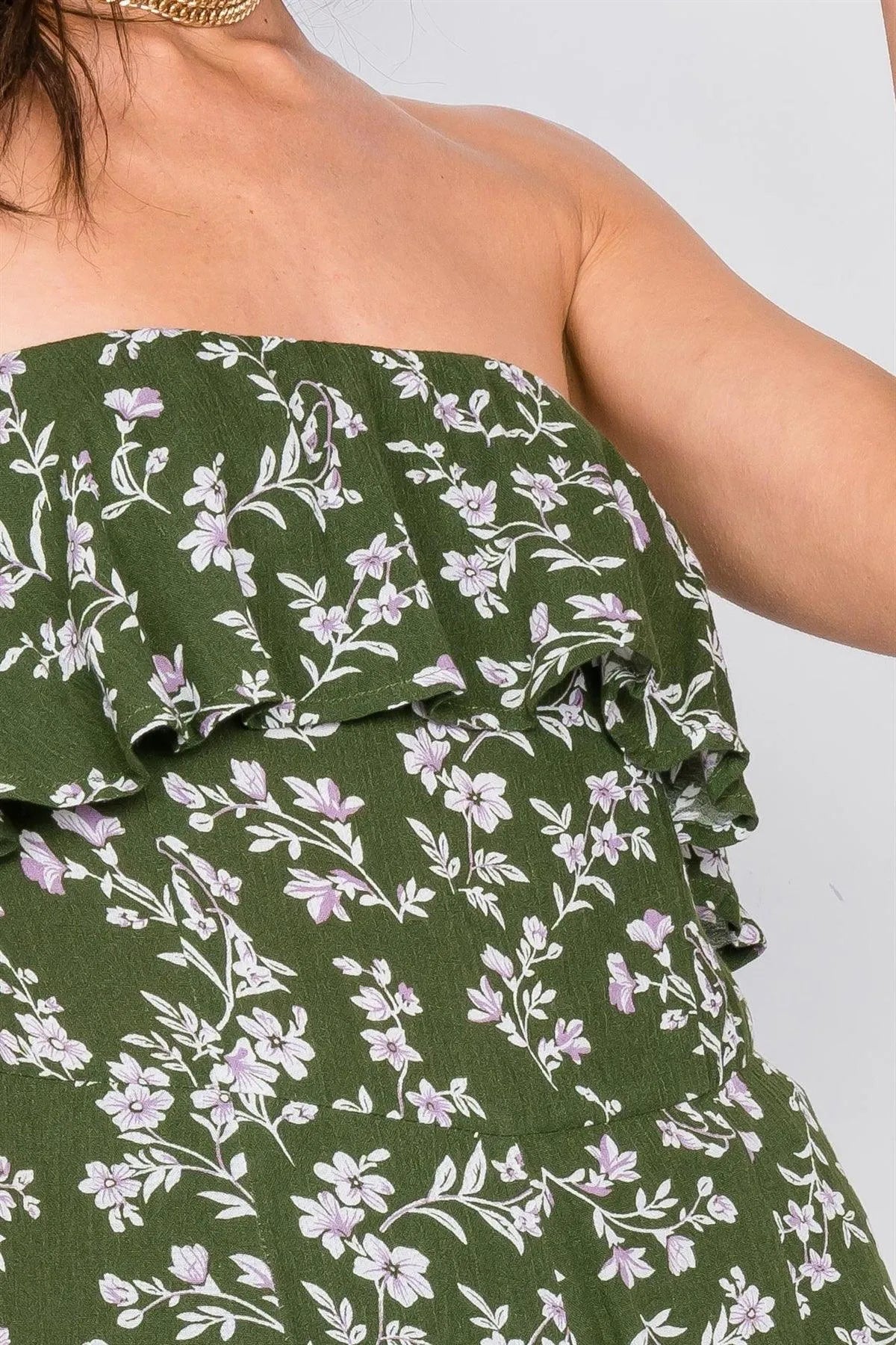 Moss Boho Floral Print Tube Top Flounce Trim Wide Leg Jumpsuit /4-2-1 - Tasha Apparel Wholesale