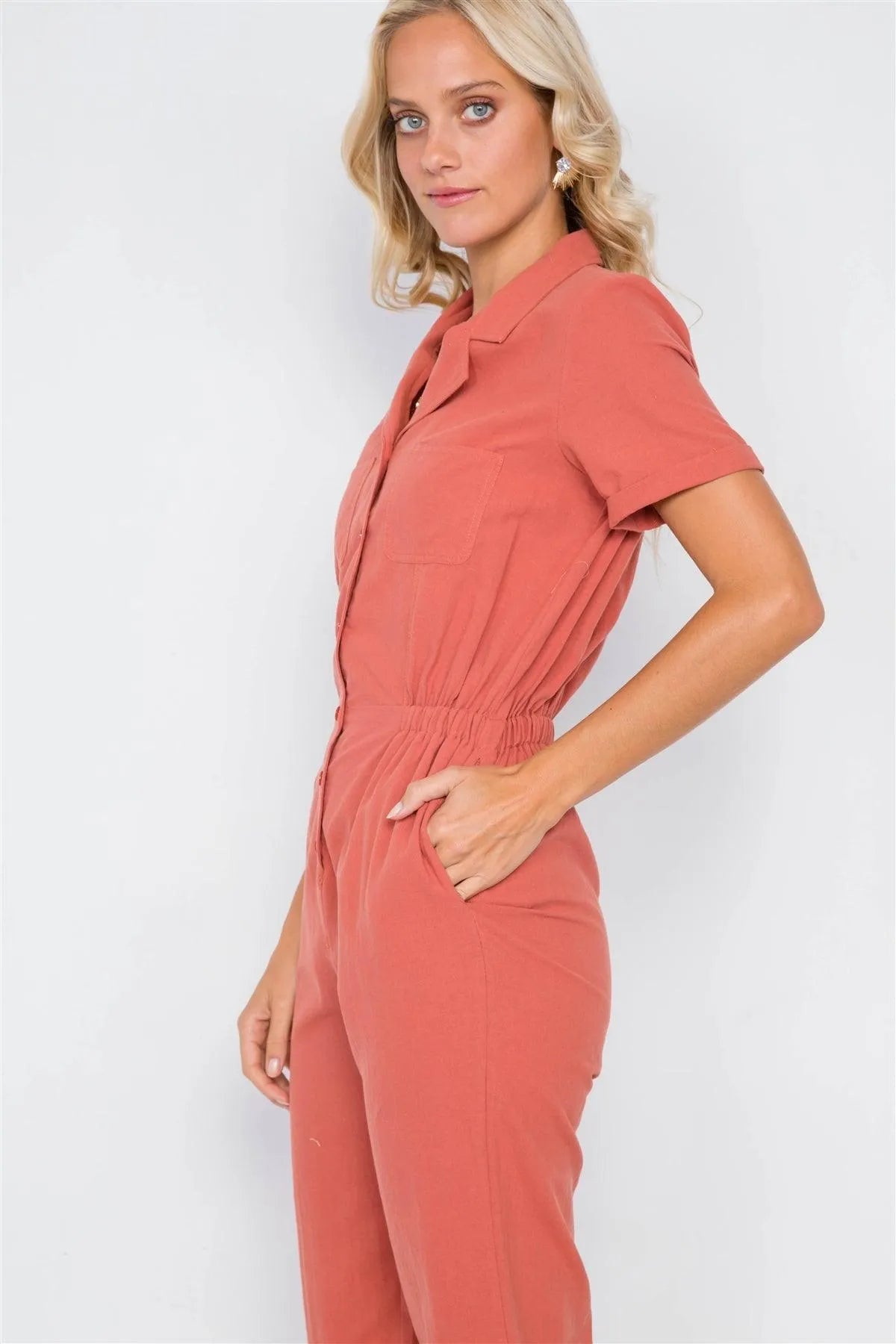 Terracota V-Neck Cuffed Short Sleeve Ankle Leg Jumpsuit /3-2-1 - Tasha Apparel Wholesale
