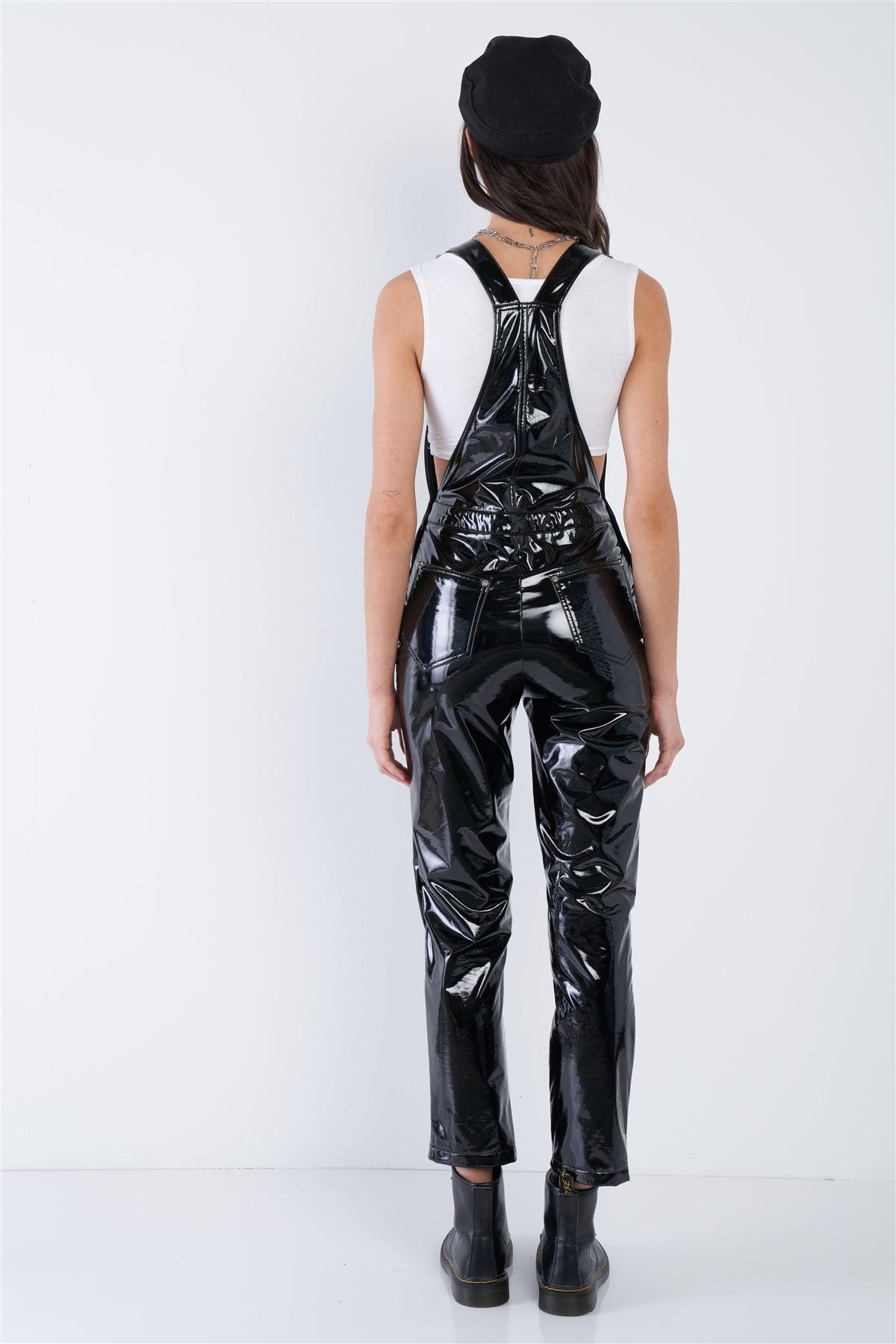 Black Faux Leather Skinny Leg Overall Jumpsuit