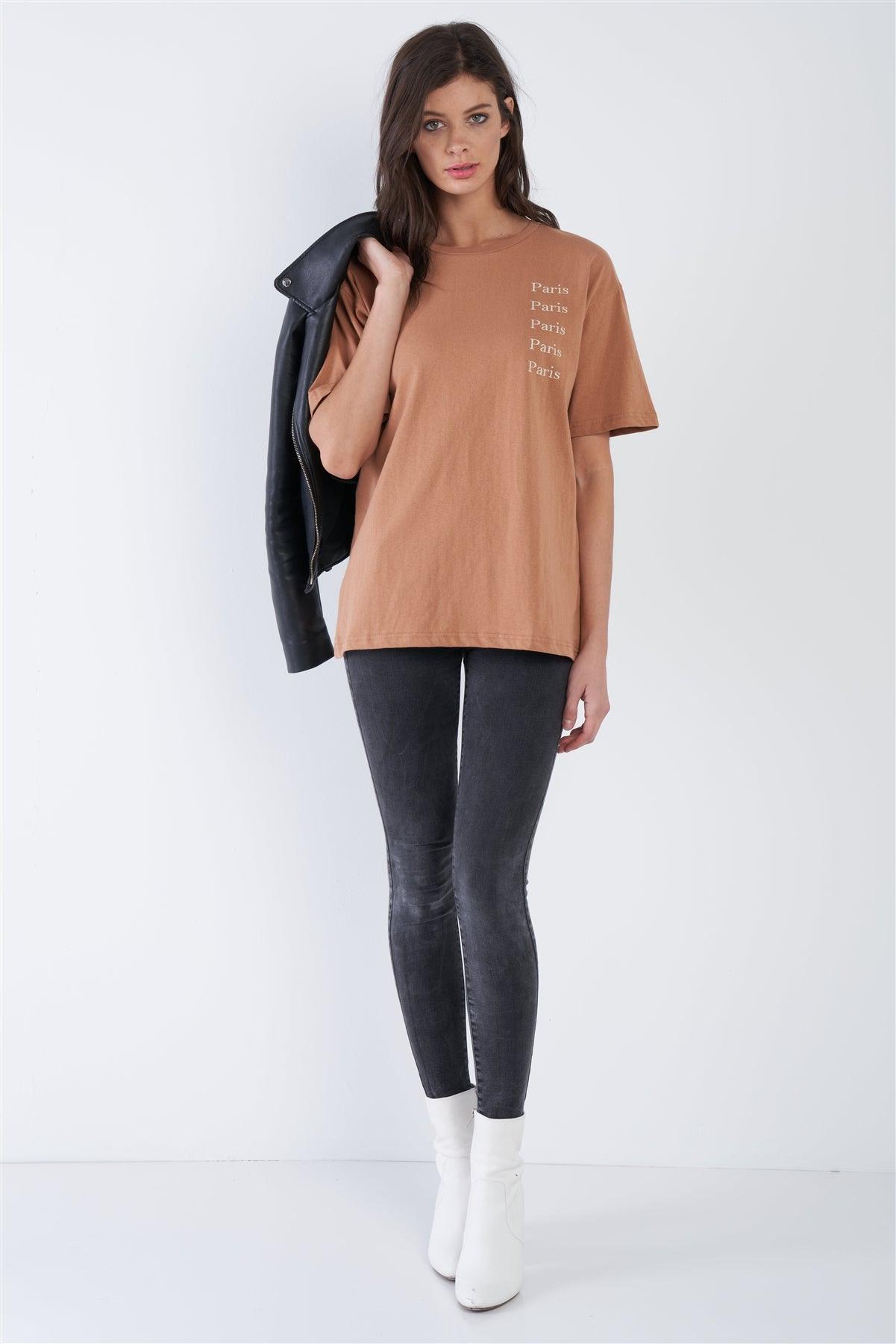Bronze Beige "PARIS" Logo Graphic Short Sleeve Cotton Tee /3-2-1 - Tasha Apparel Wholesale