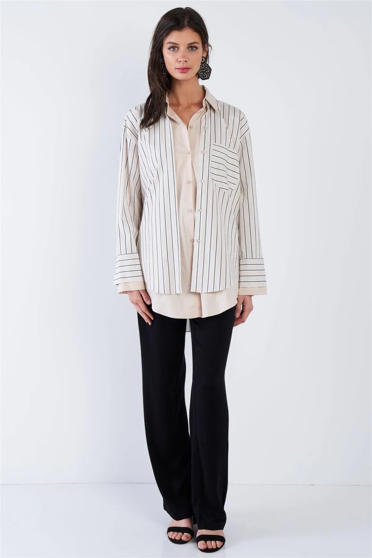 Ecru Pink & Blue Stripe Layered Double Button Down Top - Tasha Apparel Wholesale