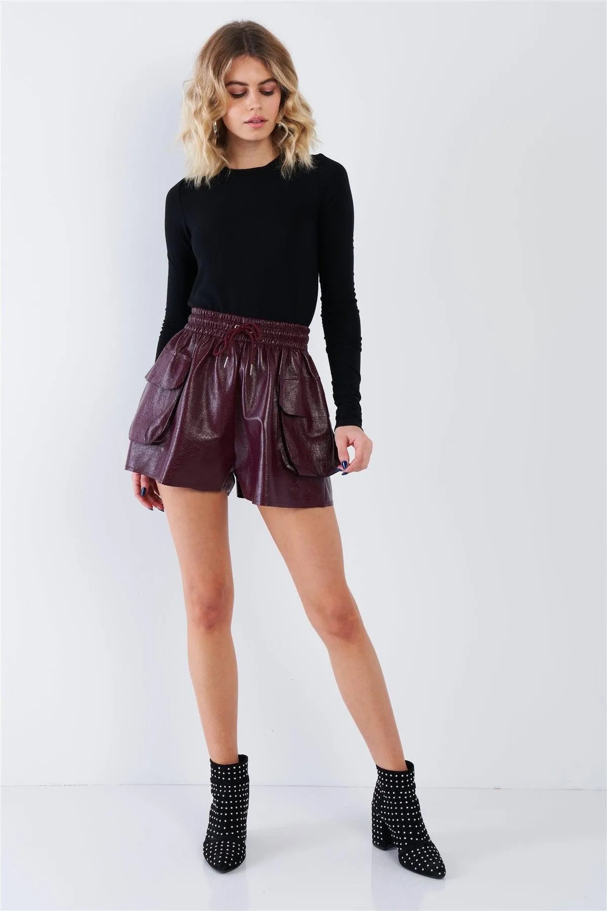 Wine Red Crinkled Faux Leather Cargo Shorts - Tasha Apparel Wholesale