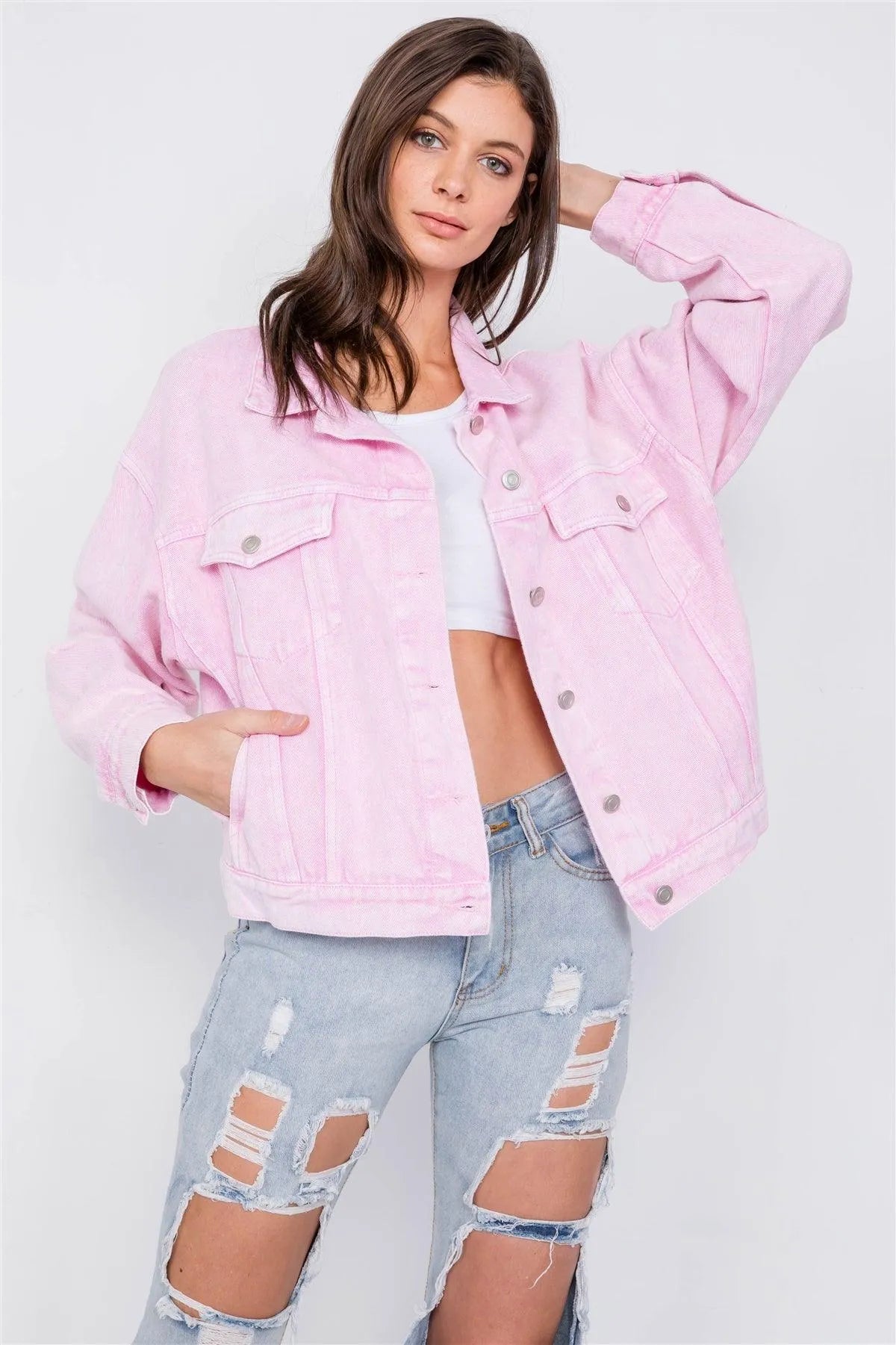 Pink Denim Relaxed Fit Vintage Washed Jean Jacket /3-2-1 - Tasha Apparel Wholesale