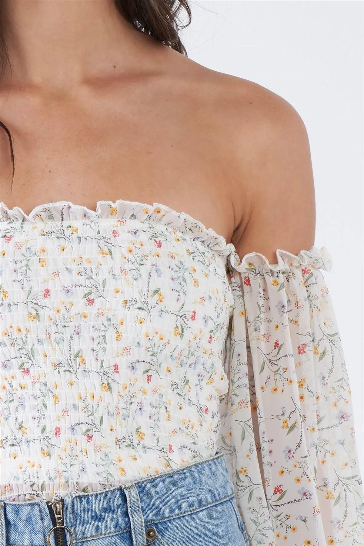 Off-White Sheer Floral Off-The-Shoulder Peplum Top /1-1-1 - Tasha Apparel Wholesale