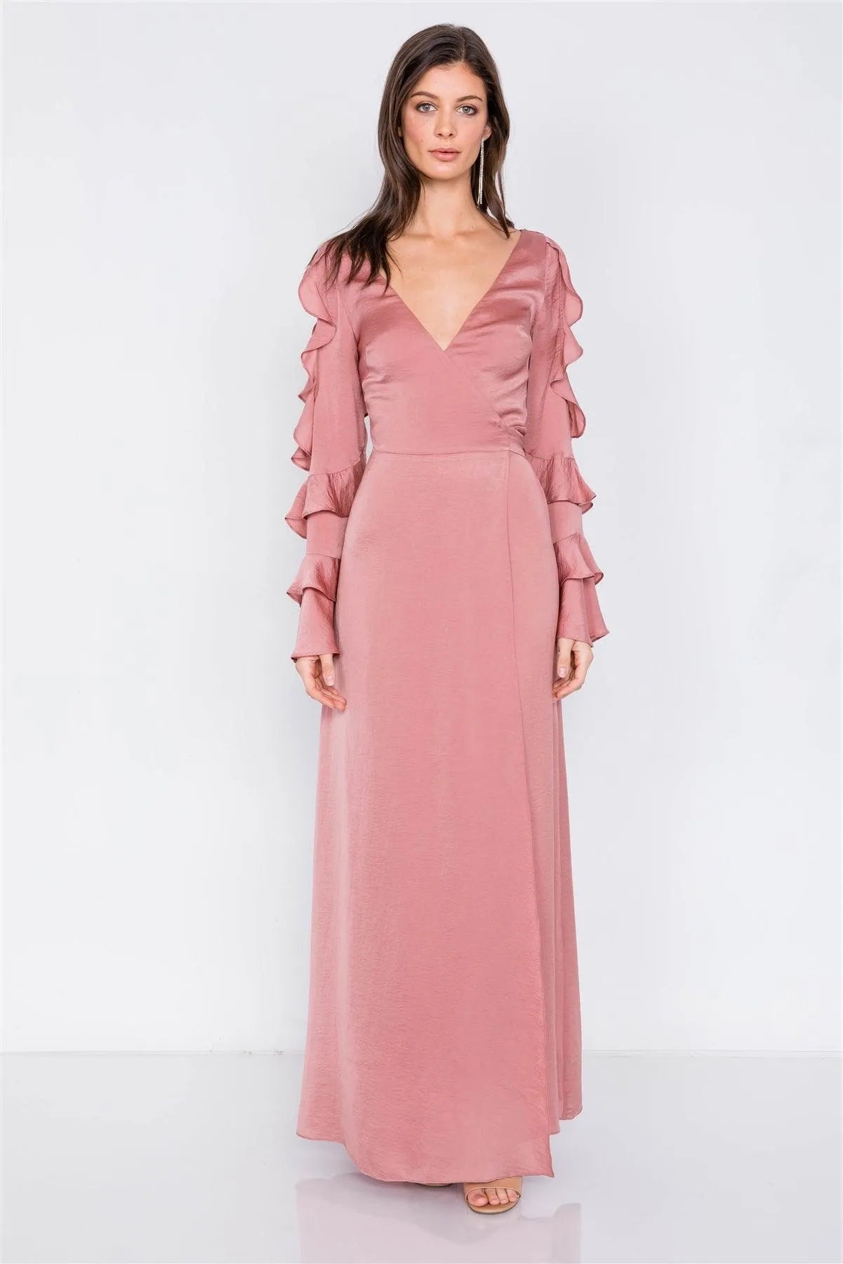 Satin Dusty Rose Cold Shoulder Frill Trim Wrap Maxi Dress /3-2-1 Satin Dusty Rose Cold Shoulder Frill Trim Wrap Maxi Dress /3-2-1