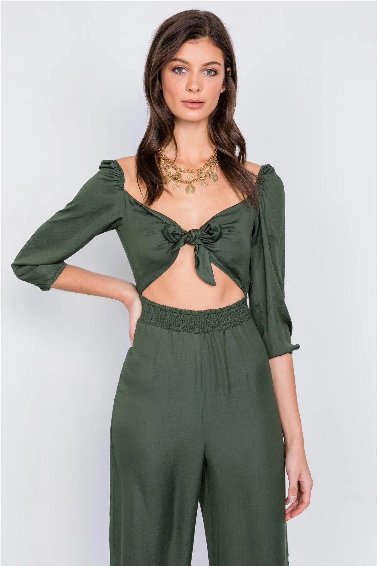 Satin Forest Green Center Cut Out Front Wrap Wide Leg Jumpsuit /3-2-1 - Tasha Apparel Wholesale