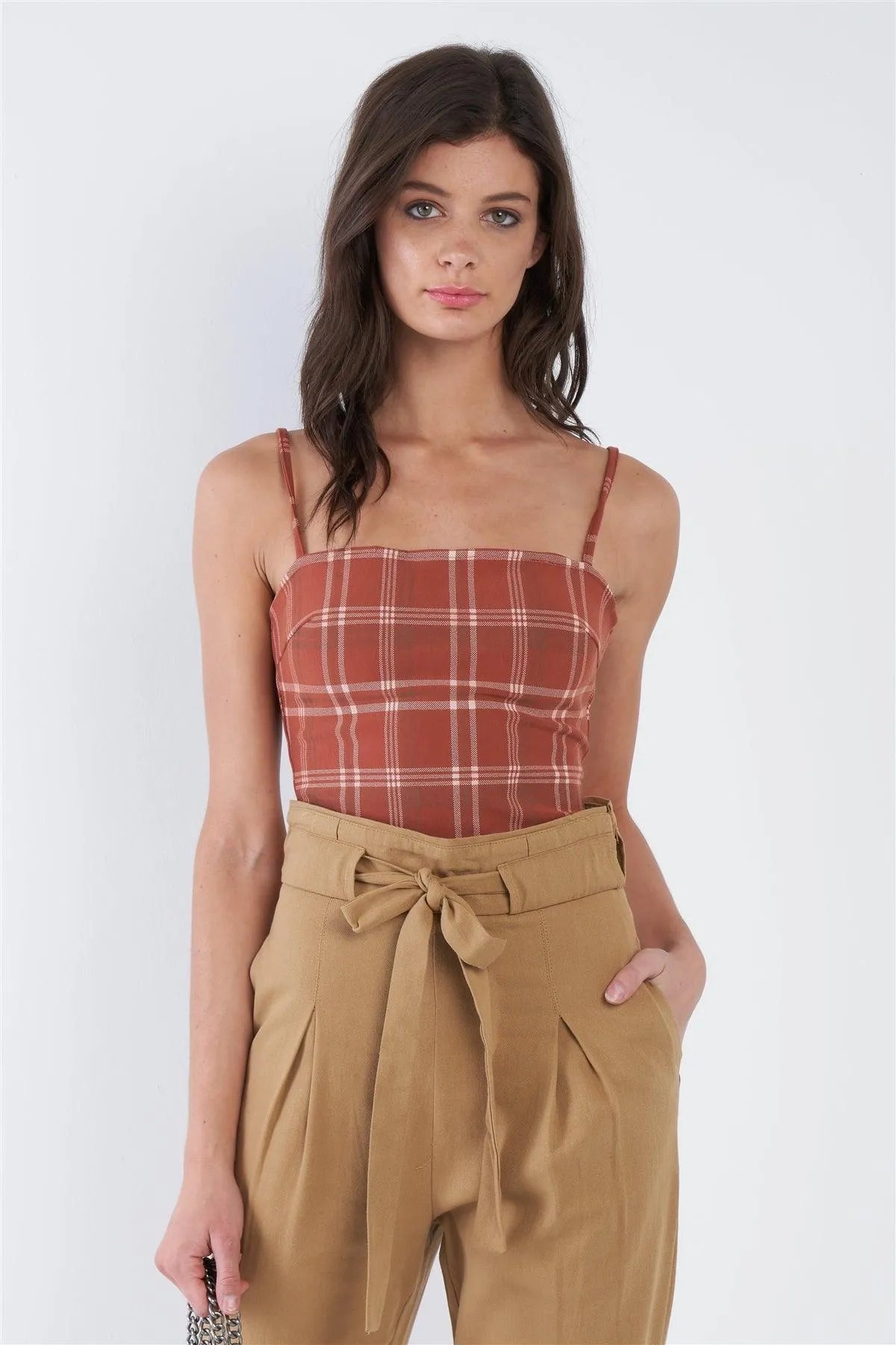 Rust Orange Nylon Checkered Stripe Thong Snap Bodysuit /3-2-1 - Tasha Apparel Wholesale