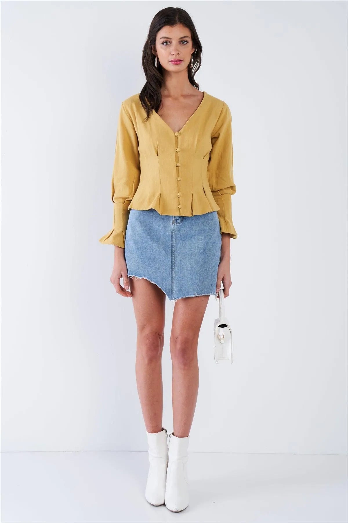 Dijon Mustard Yellow Vintage Flounce Pleated Front Button Top /3-2-1 - Tasha Apparel Wholesale