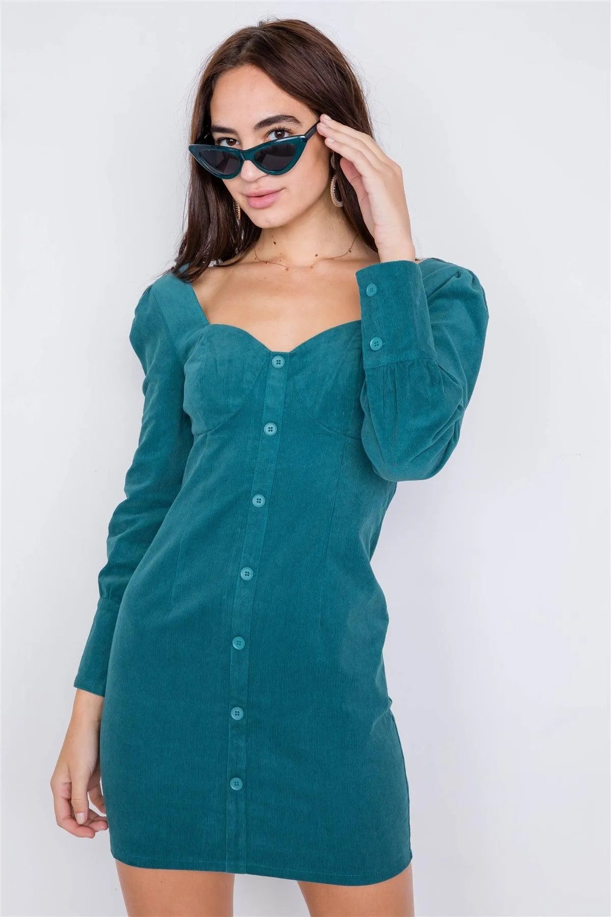 Teal Cotton Corduroy Sweetheart Button Down Mini Dress /3-2-1 - Tasha Apparel Wholesale