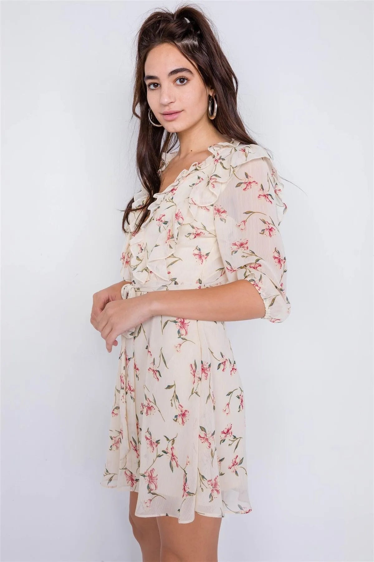 Ivory Boho Floral Frill Trim Mini Sheer Classic Dress /3-2-1 - Tasha Apparel Wholesale