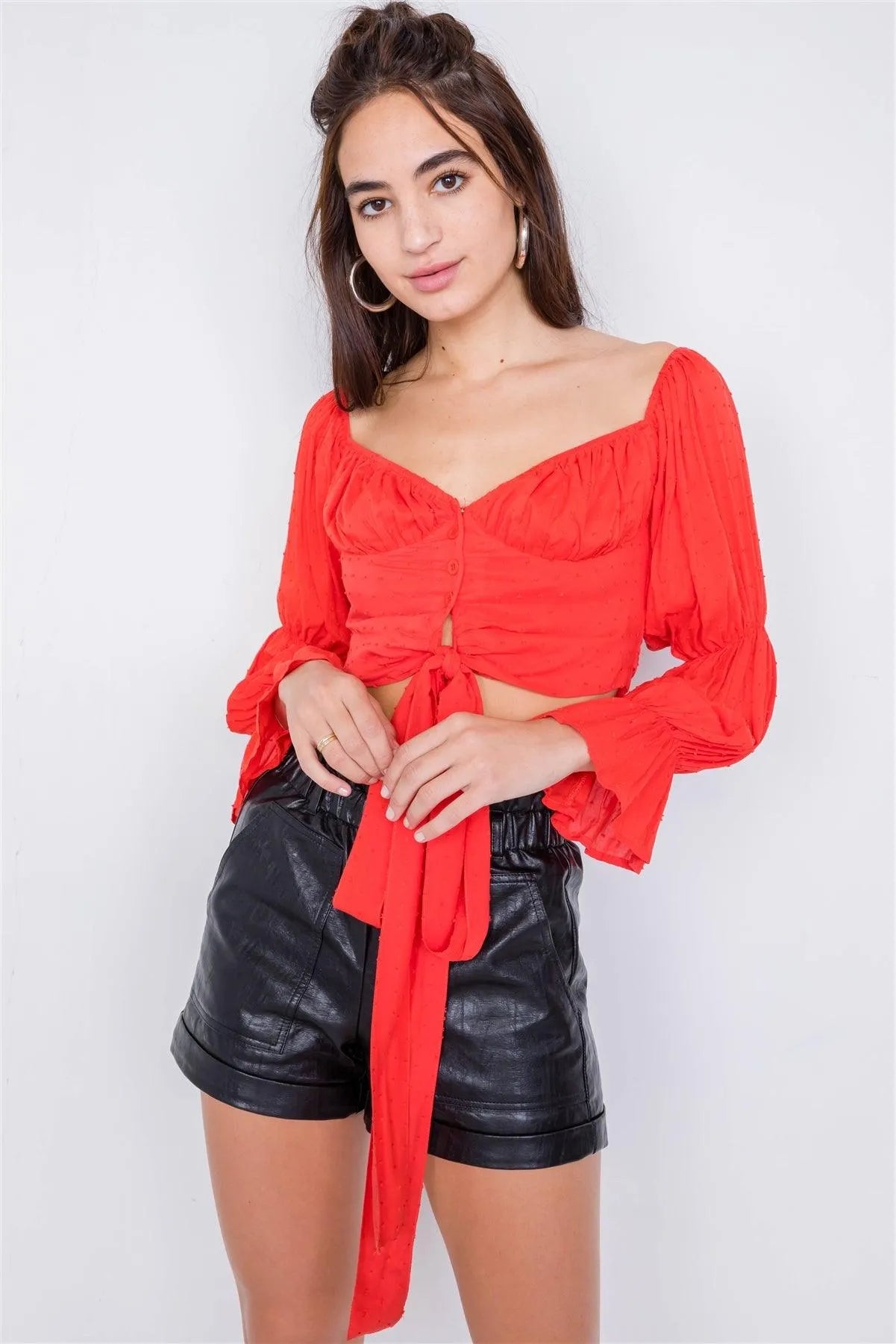 Blood Orange Tiered Puff Embroidered Boho Knot Wrap Crop Top /4-2-1 - Tasha Apparel Wholesale