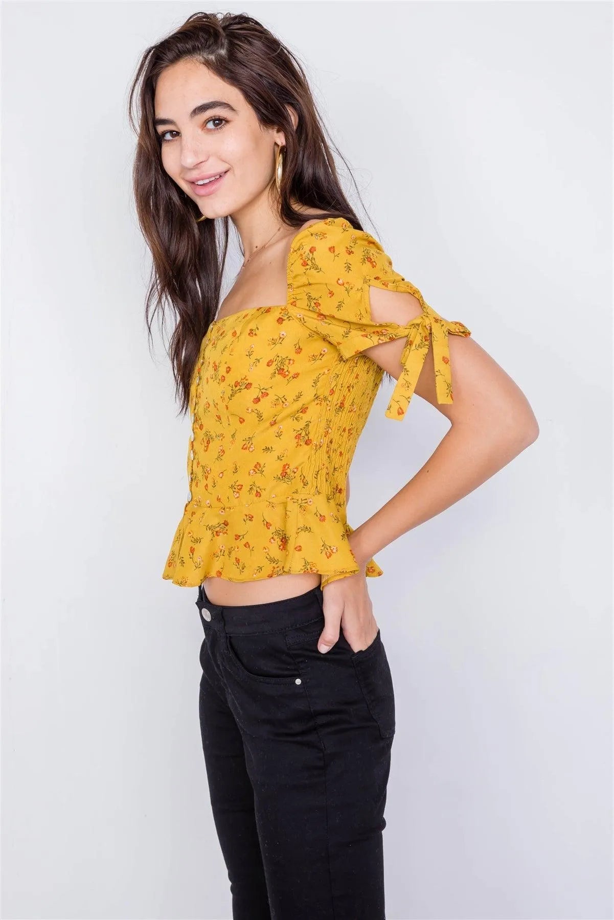 Marigold Mini Floral Boho Print Chic Crop Peplum Top /3-2-1 - Tasha Apparel Wholesale