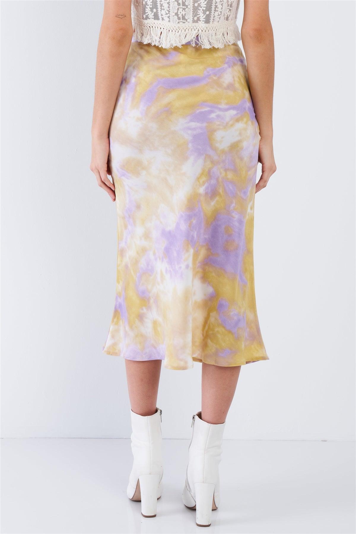 Lavender High Waisted Tie Dye Satin Midi Skirt