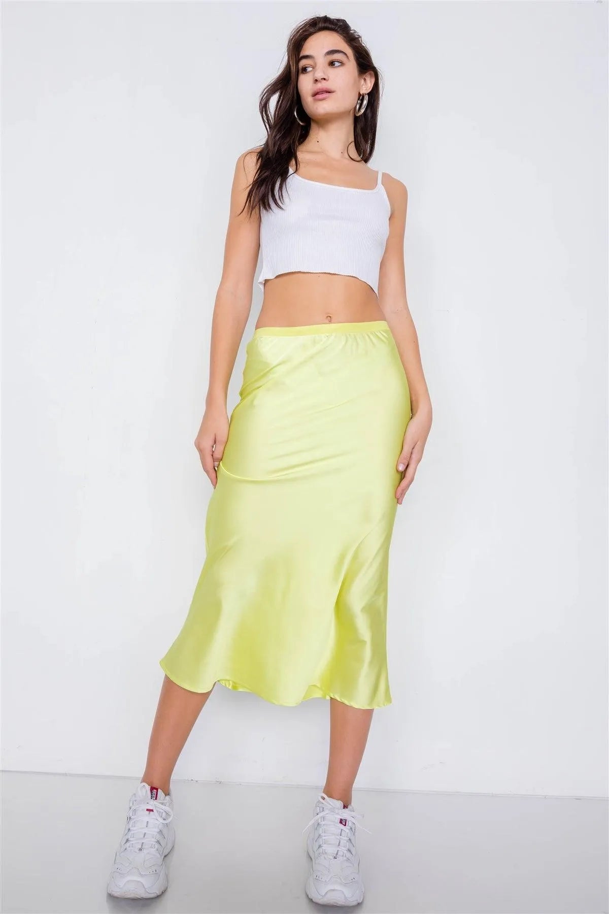 Retro Neon Lime Silk Round Hem Midi Skirt /2-1-1 - Tasha Apparel Wholesale