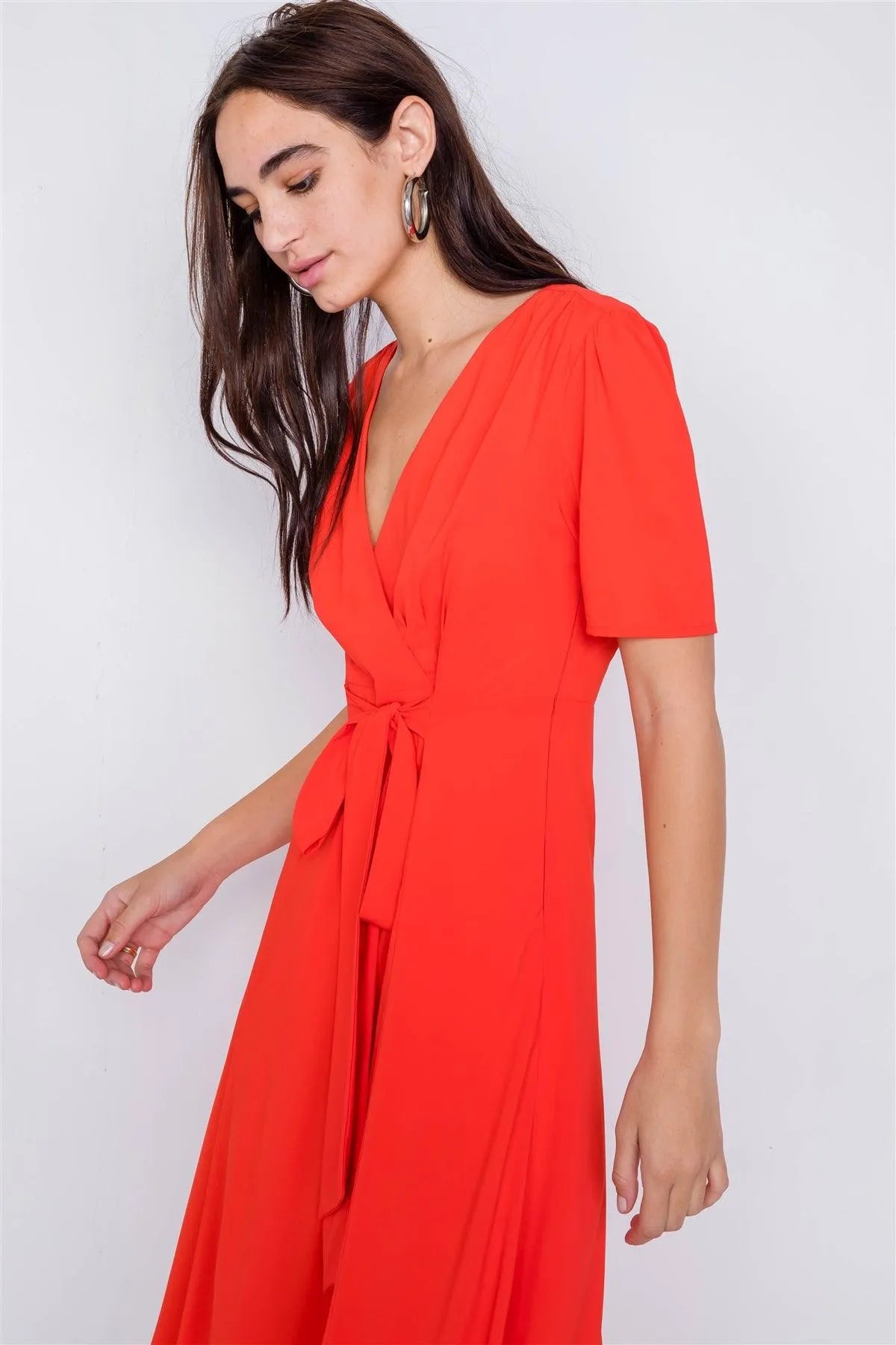 Blood Orange V-Neck Mock Wrap Modern Midi Dress /3-2-1 - Tasha Apparel Wholesale