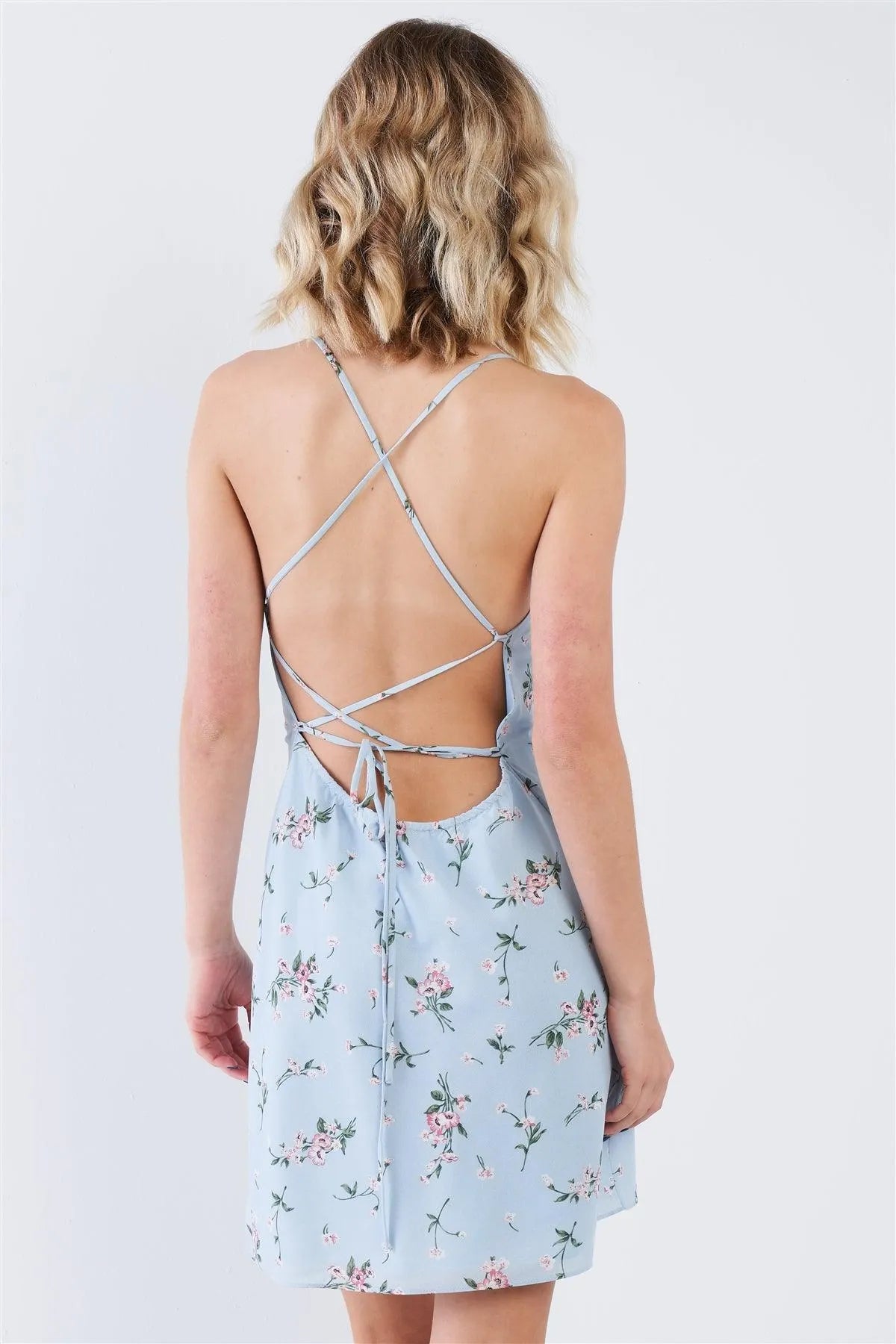 Sky Blue Floral Open Back Mini Dress - Tasha Apparel Wholesale