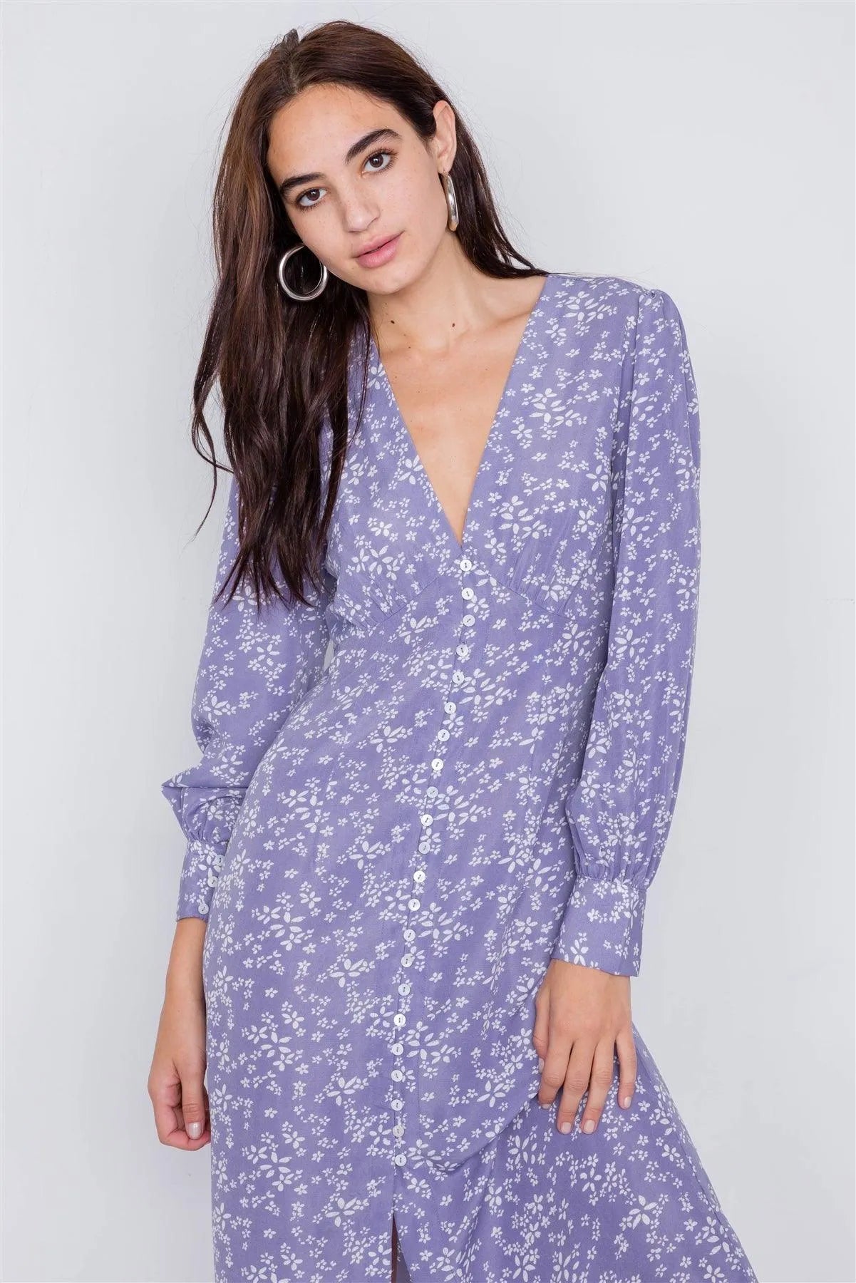 Lavender White Modern Floral Mid Center Slit Chic Midi Dress /3-2-1 - Tasha Apparel Wholesale