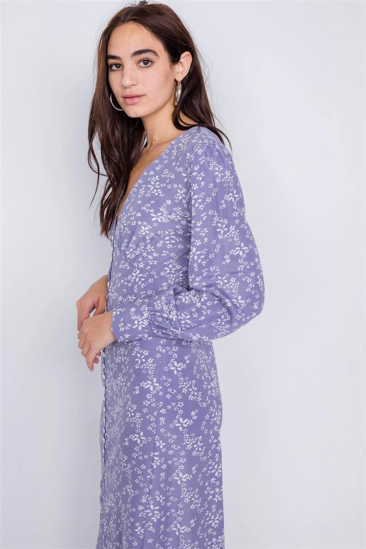 Lavender White Modern Floral Mid Center Slit Chic Midi Dress /4-2-1 - Tasha Apparel Wholesale