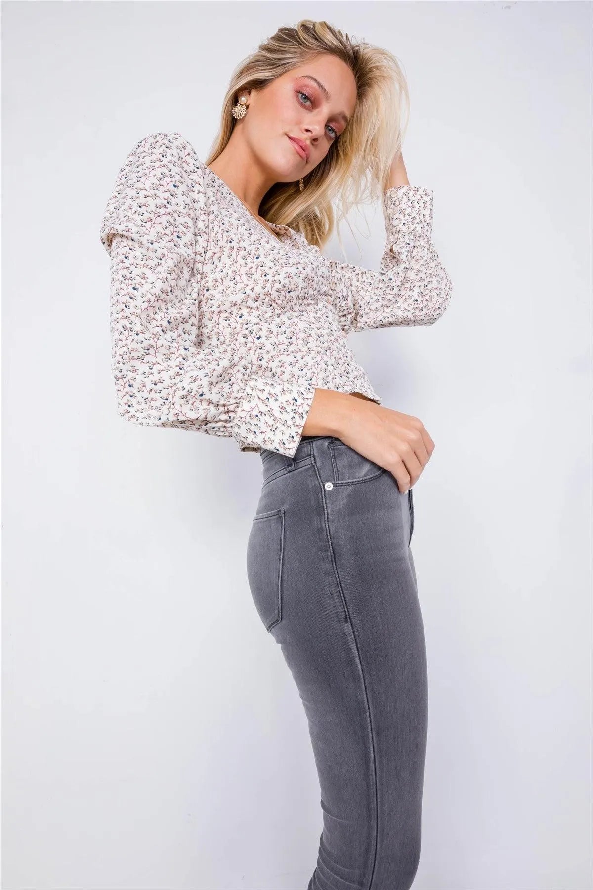 Vintage Cream Puff Sleeve Floral Print Chic Crop Top /3-2-1 - Tasha Apparel Wholesale