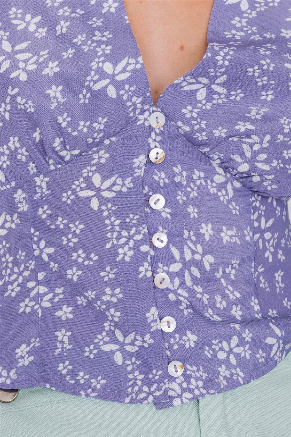 Vintage Lavender Puff Sleeve Floral Print Chic Crop Top
