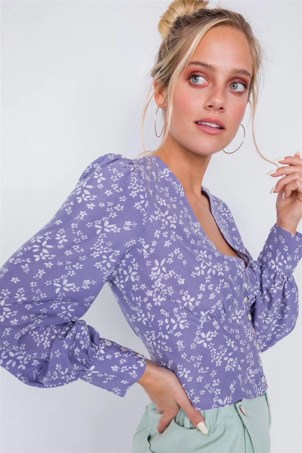 Vintage Lavender Puff Sleeve Floral Print Chic Crop Top - Tasha Apparel Wholesale