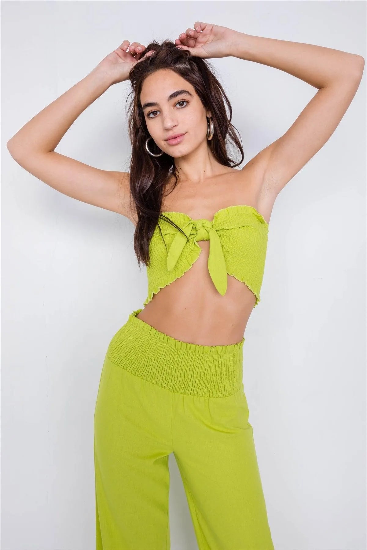 Lime Cotton Cotton Bow Ruched Bandeau & Vintage High-Waist Ruffle Trim Pant Set /4-2-1 - Tasha Apparel Wholesale