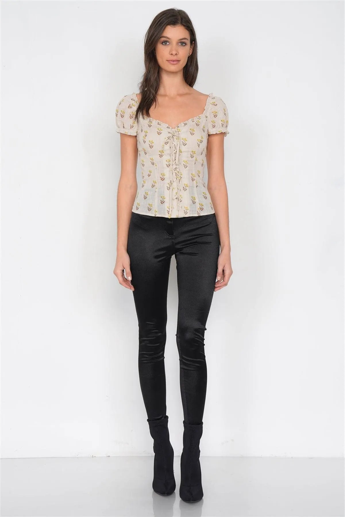 Ecru Vintage Floral Detail Scoop Neck Cap Puff Short Sleeve Top /3-2-1 - Tasha Apparel Wholesale