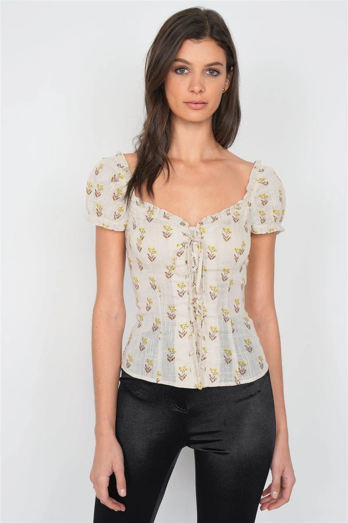 Ecru Vintage Floral Detail Scoop Neck Cap Puff Short Sleeve Top /4-2-1 - Tasha Apparel Wholesale