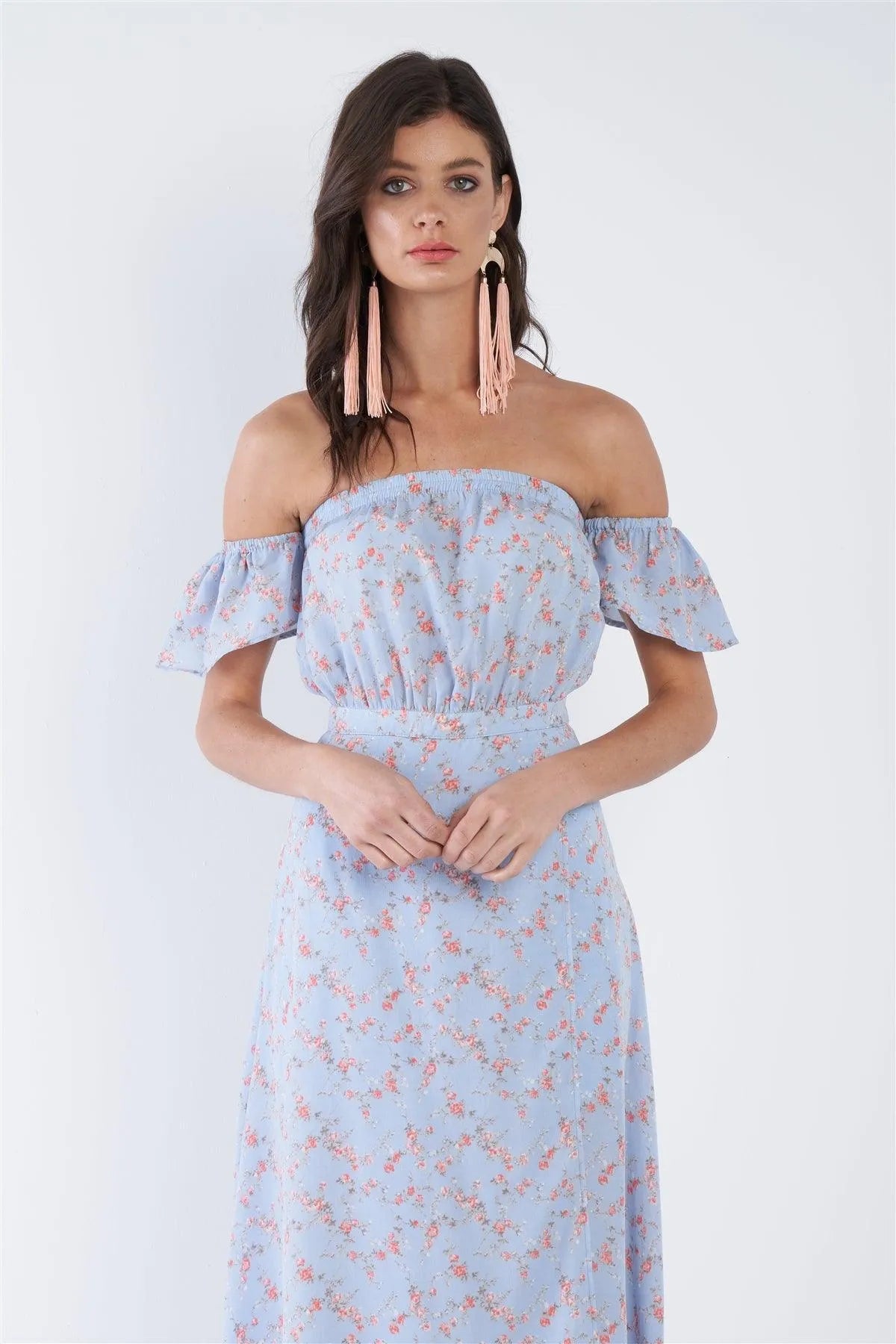 Sky Blue Boho Floral Off-The-Shoulder Maxi Dress /3-2-1 - Tasha Apparel Wholesale