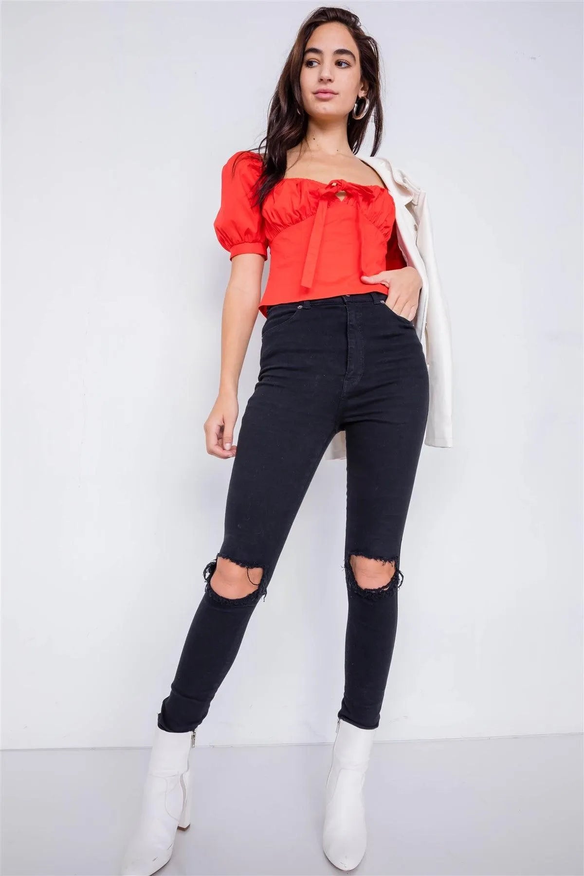 Blood Orange Sweetheart Neckline Puff Sleeve Open Bow Back Cotton Top /3-2-1 - Tasha Apparel Wholesale