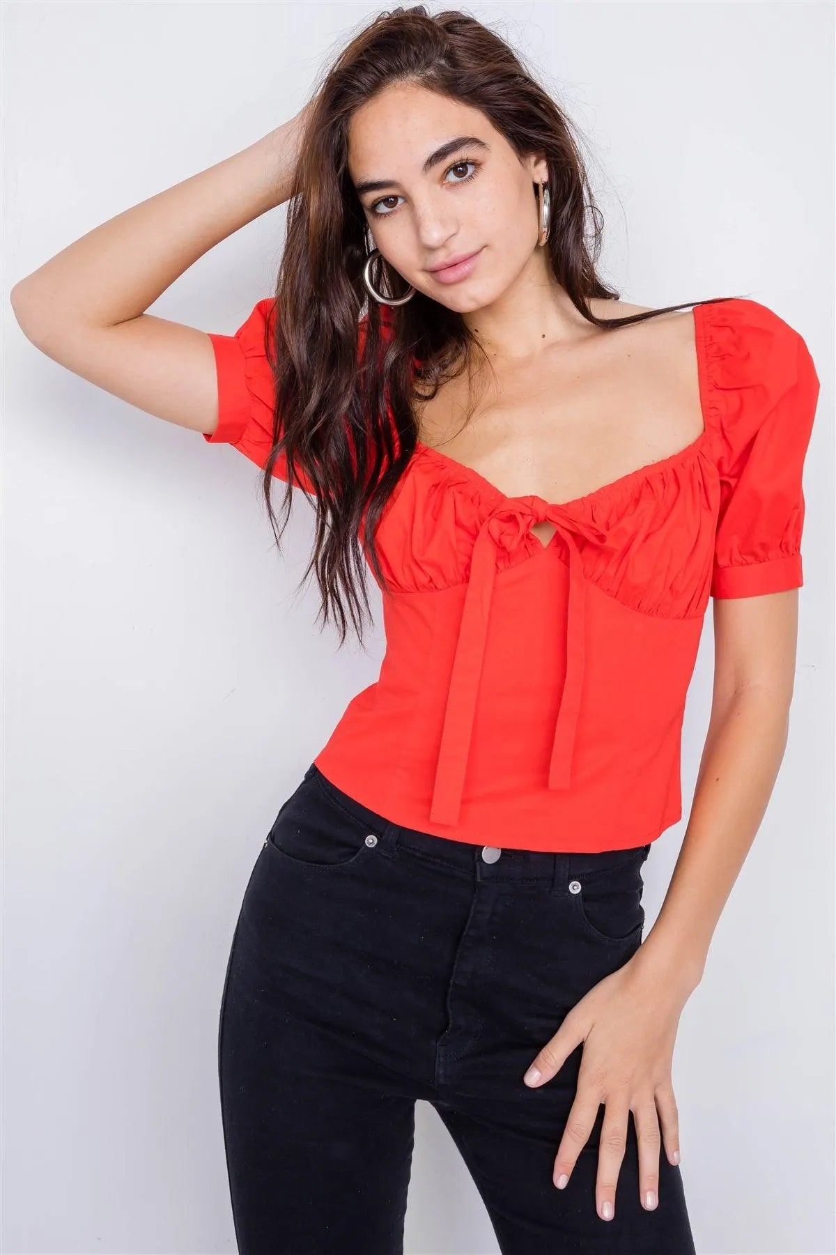 Blood Orange Sweetheart Neckline Puff Sleeve Open Bow Back Cotton Top /4-2-1 - Tasha Apparel Wholesale